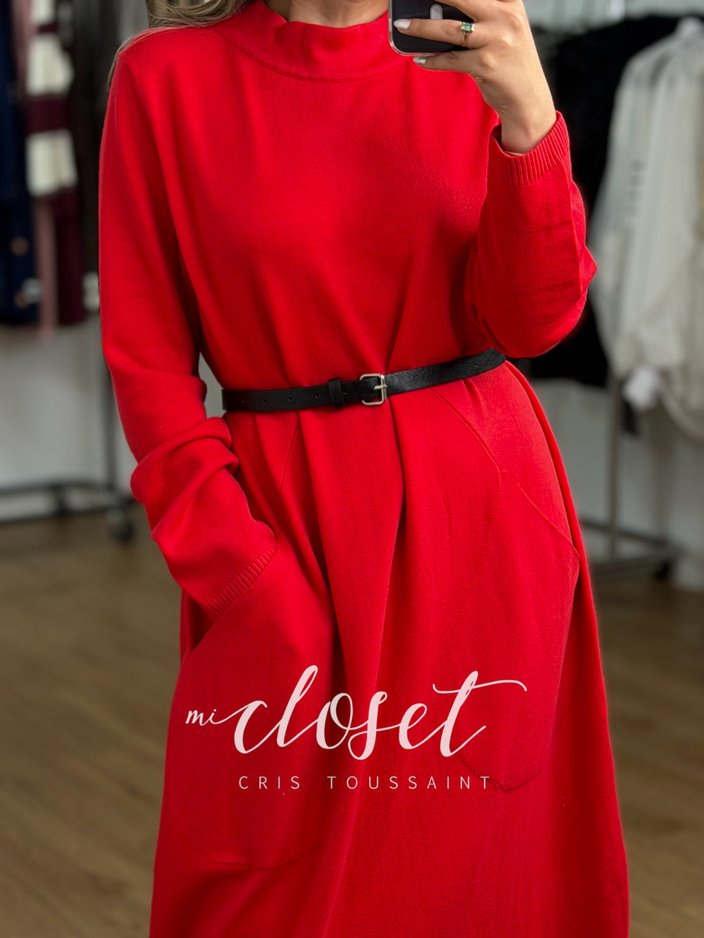 VESTIDO TIPO SWEATER, LARGO CON BOLSAS GRANDES Y CINTURÓN