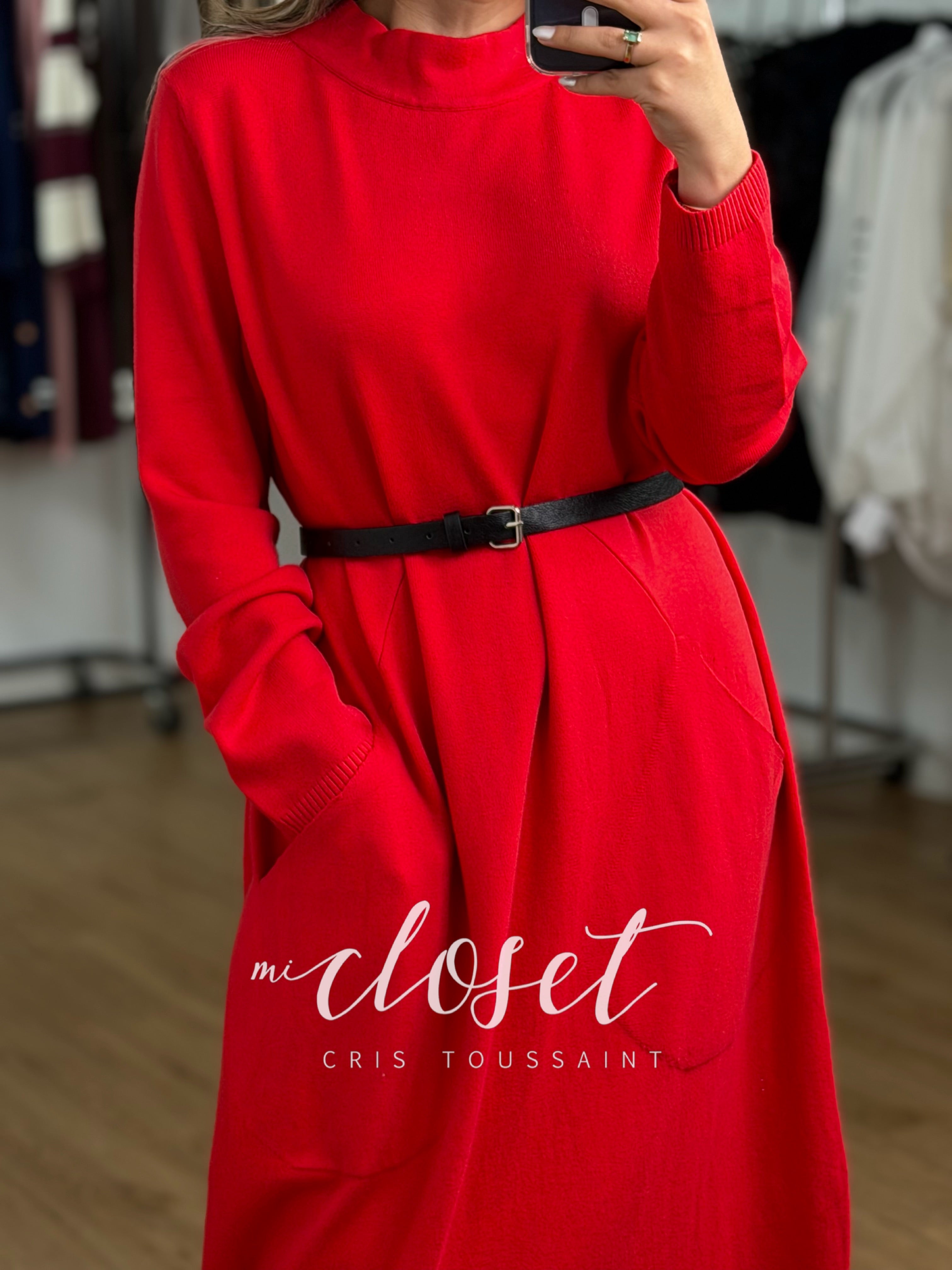 VESTIDO TIPO SWEATER, LARGO CON BOLSAS GRANDES Y CINTURÓN