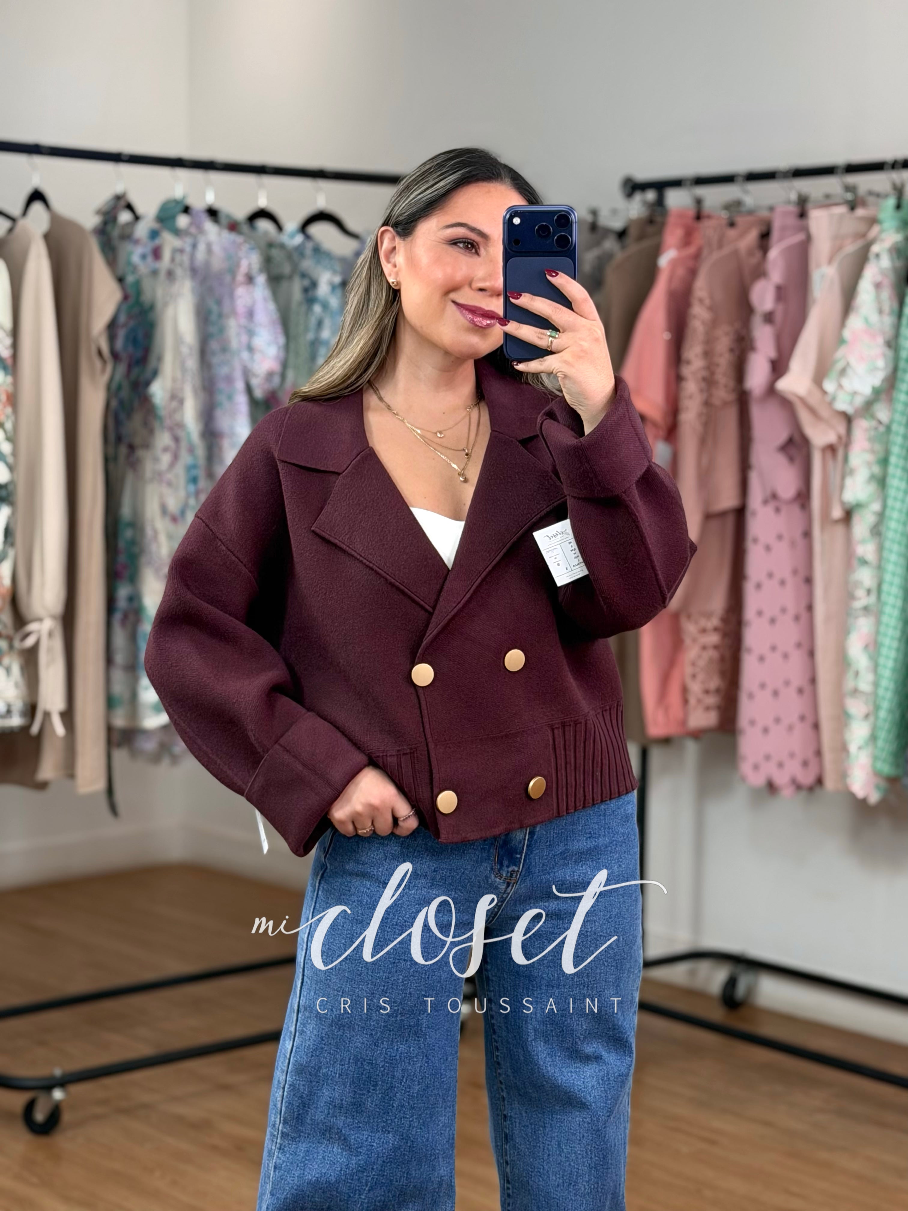 SWEATER SEMI GRUESO TIPO BLAZER, CON DETALLE EN CINTURA