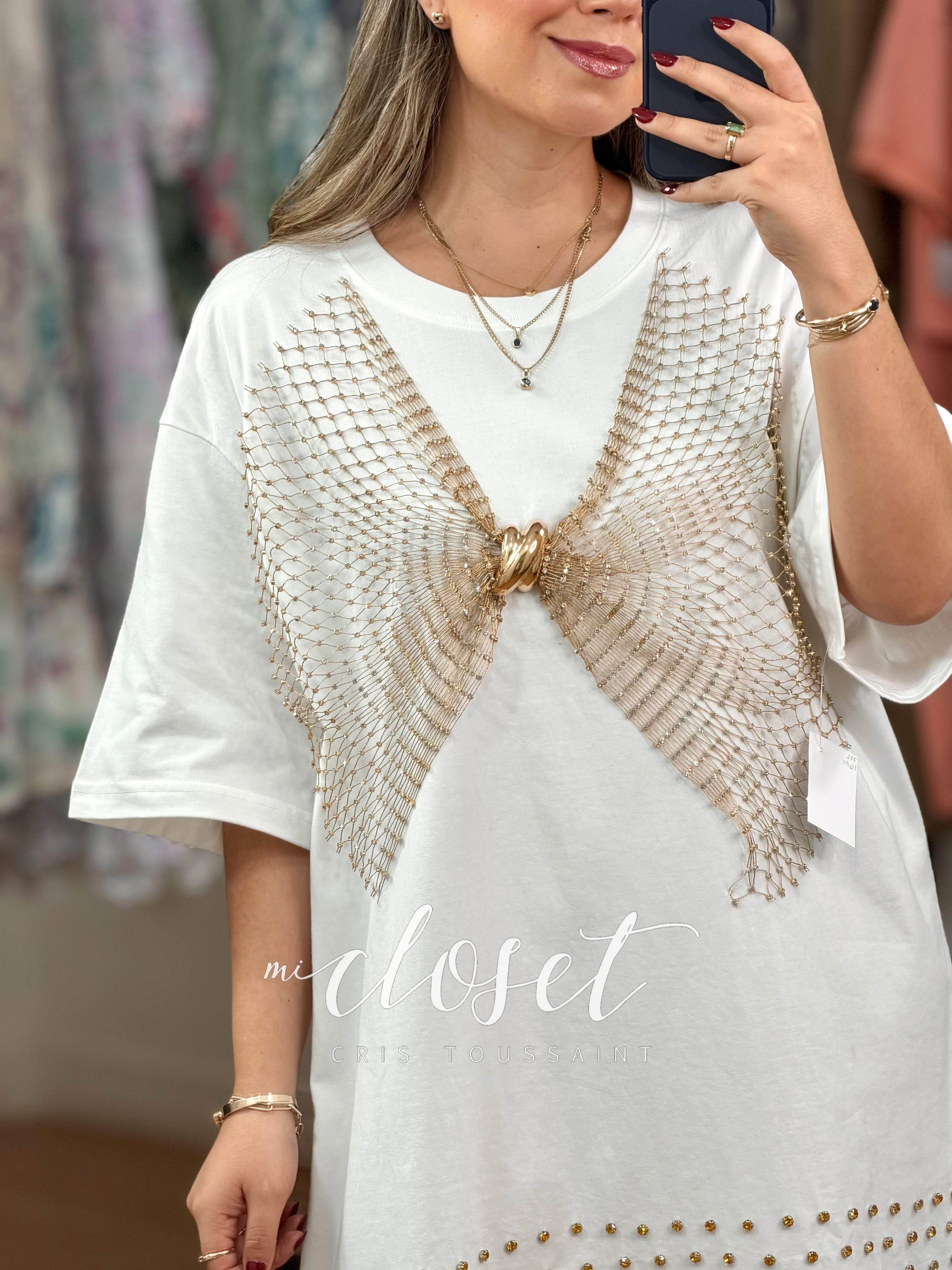 TEESHIRT OVERSIZED STRETCH CON RED DE BRILLOS EN FORMA DE MOÑO Y PIEDRITAS AL FINAL
