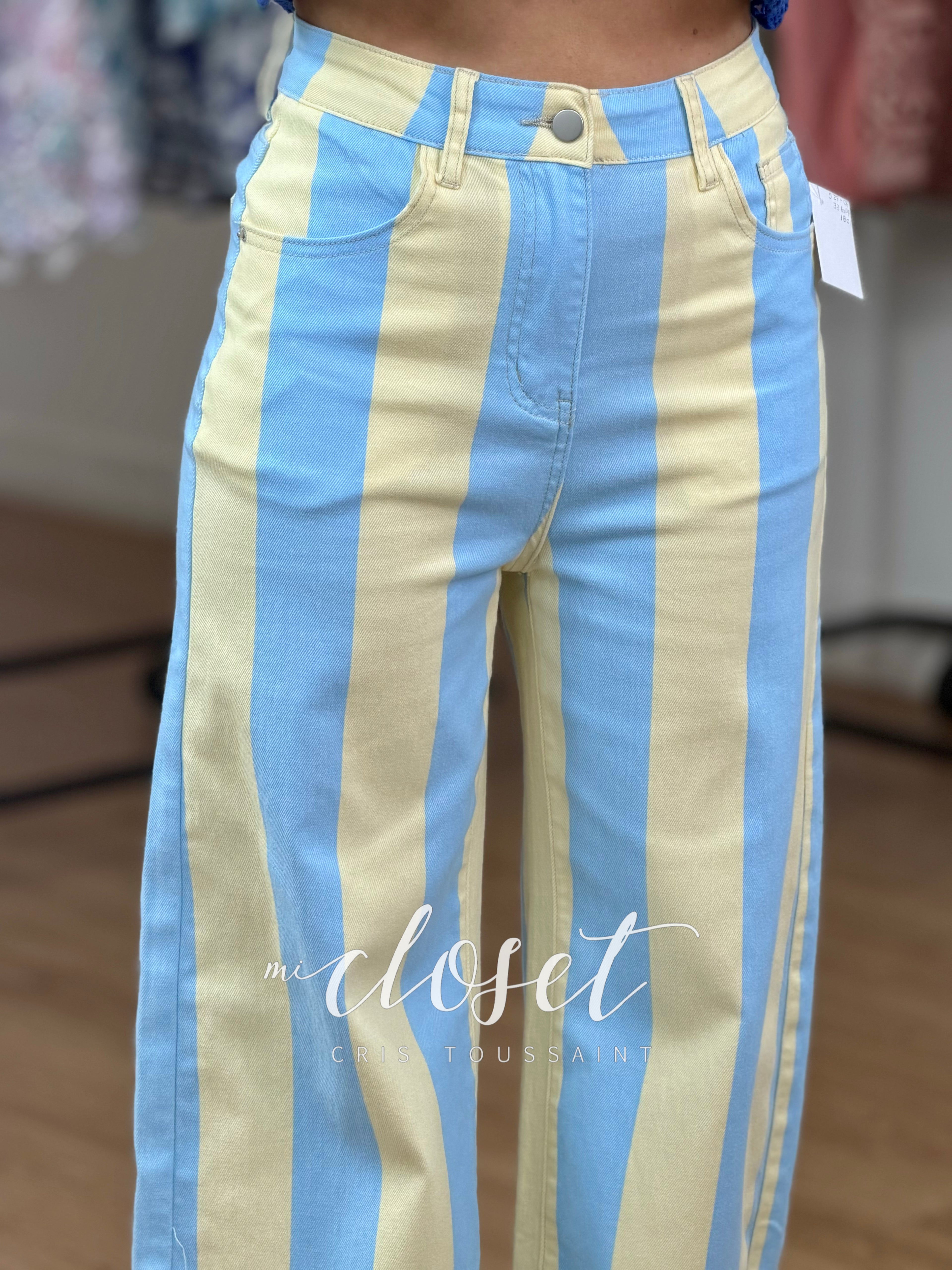 JEANS STRETCH BICOLOR CORTE WIDE LEG CON ESTAMPADO DE RAYAS
