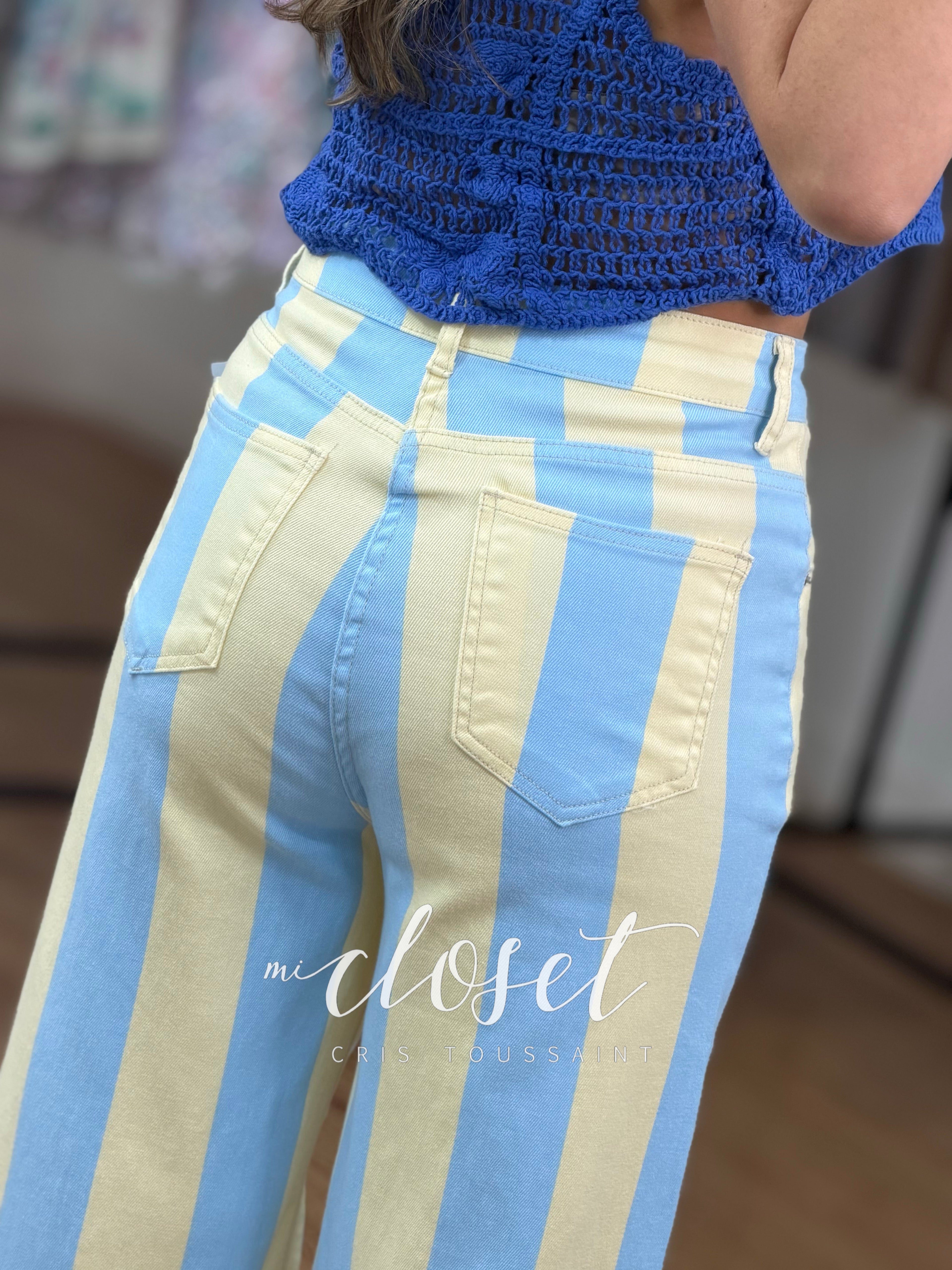JEANS STRETCH BICOLOR CORTE WIDE LEG CON ESTAMPADO DE RAYAS
