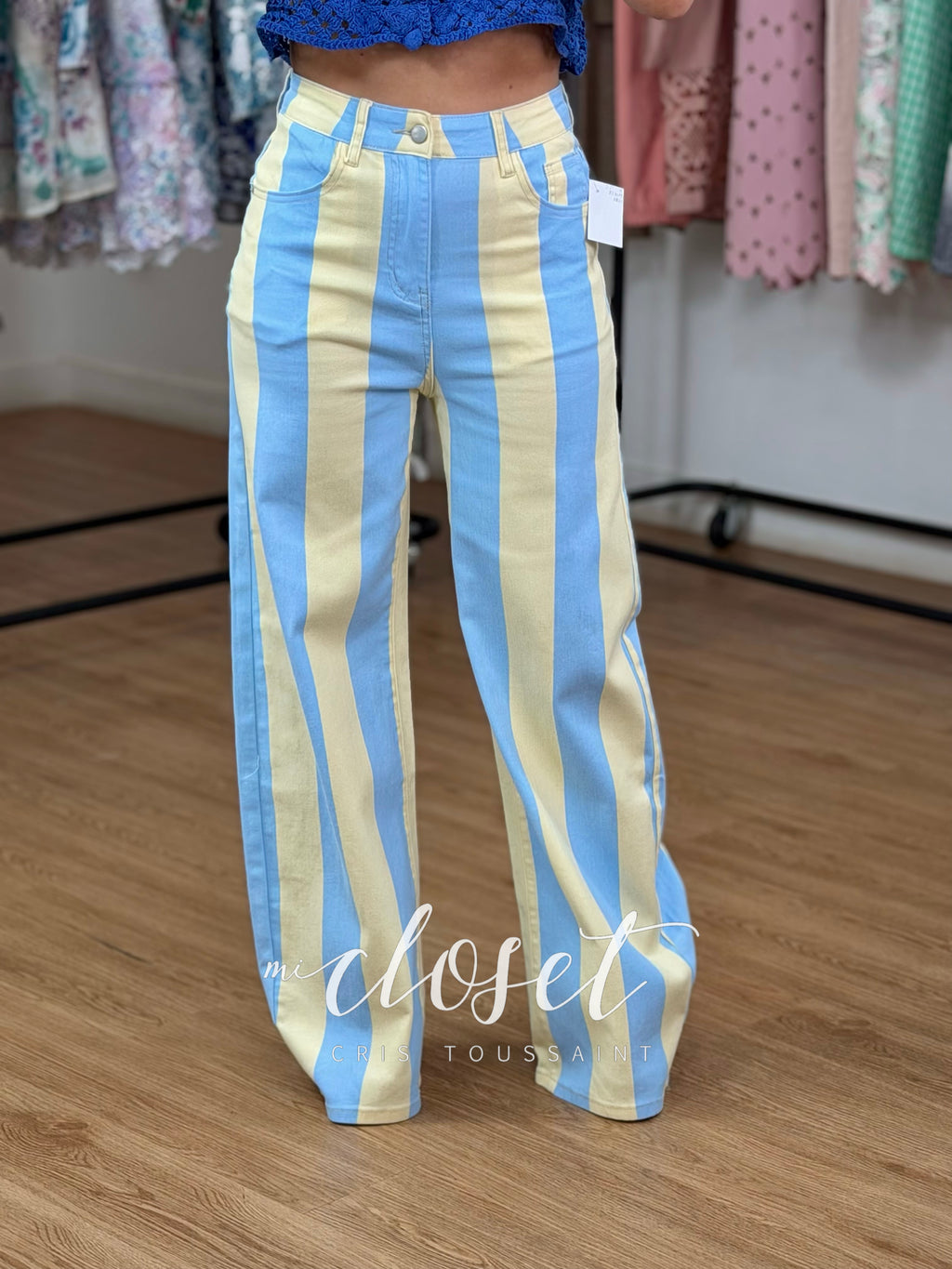 JEANS STRETCH BICOLOR CORTE WIDE LEG CON ESTAMPADO DE RAYAS