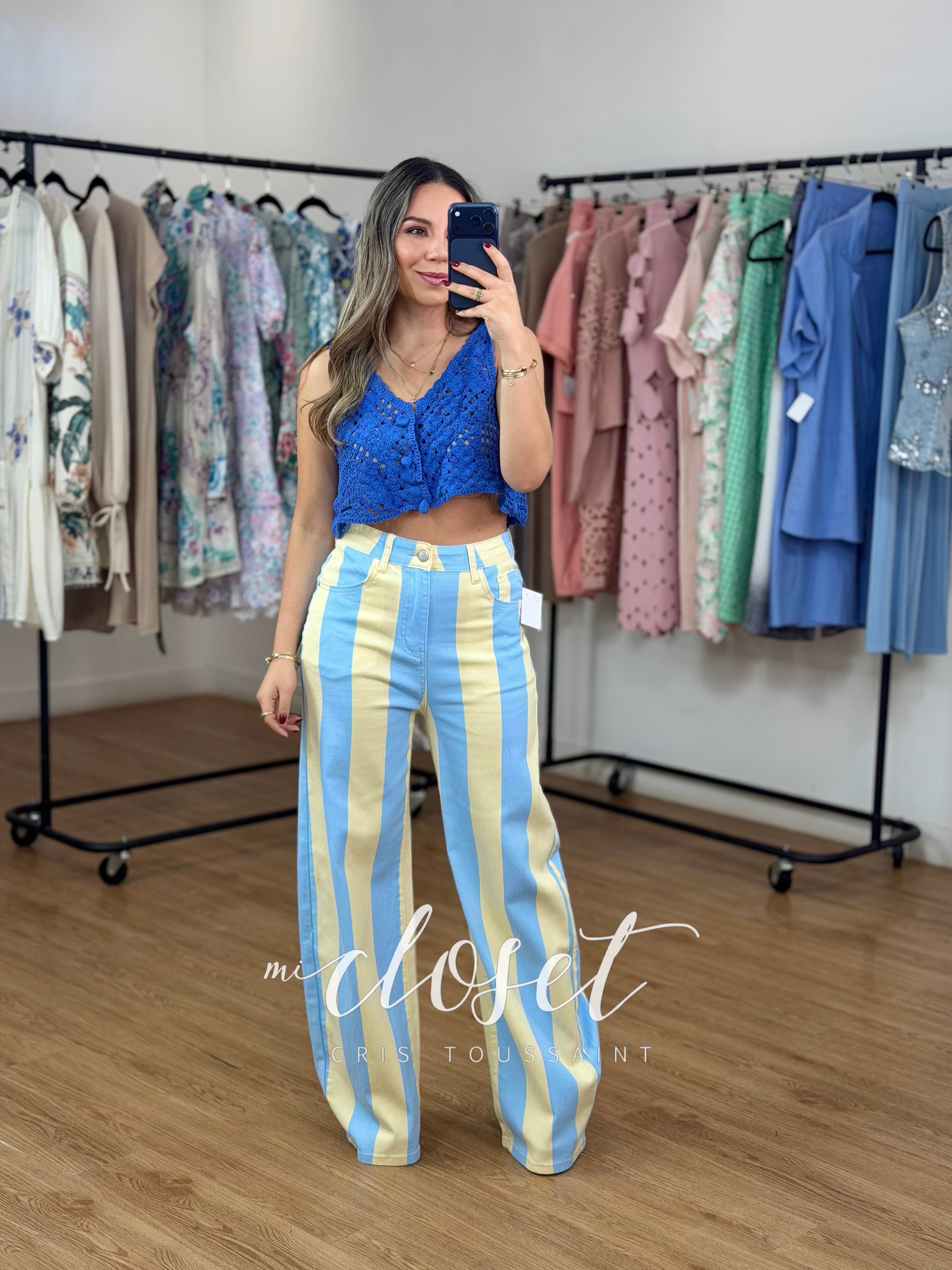 JEANS STRETCH BICOLOR CORTE WIDE LEG CON ESTAMPADO DE RAYAS