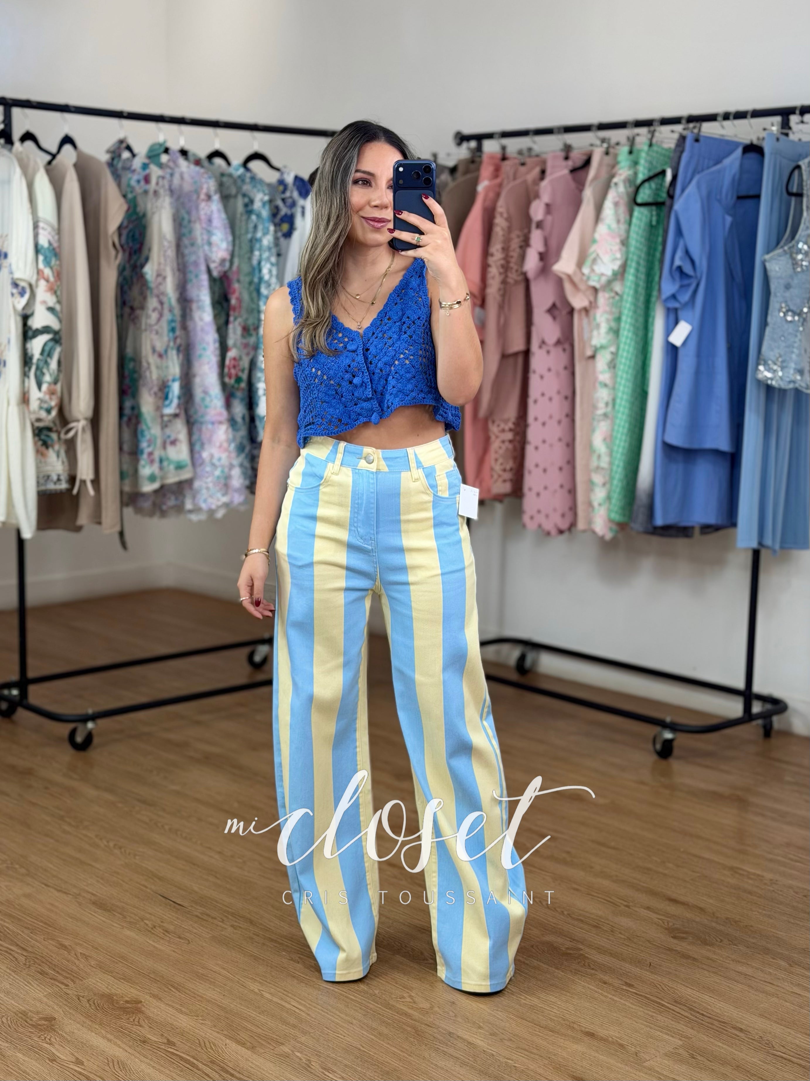 JEANS STRETCH BICOLOR CORTE WIDE LEG CON ESTAMPADO DE RAYAS