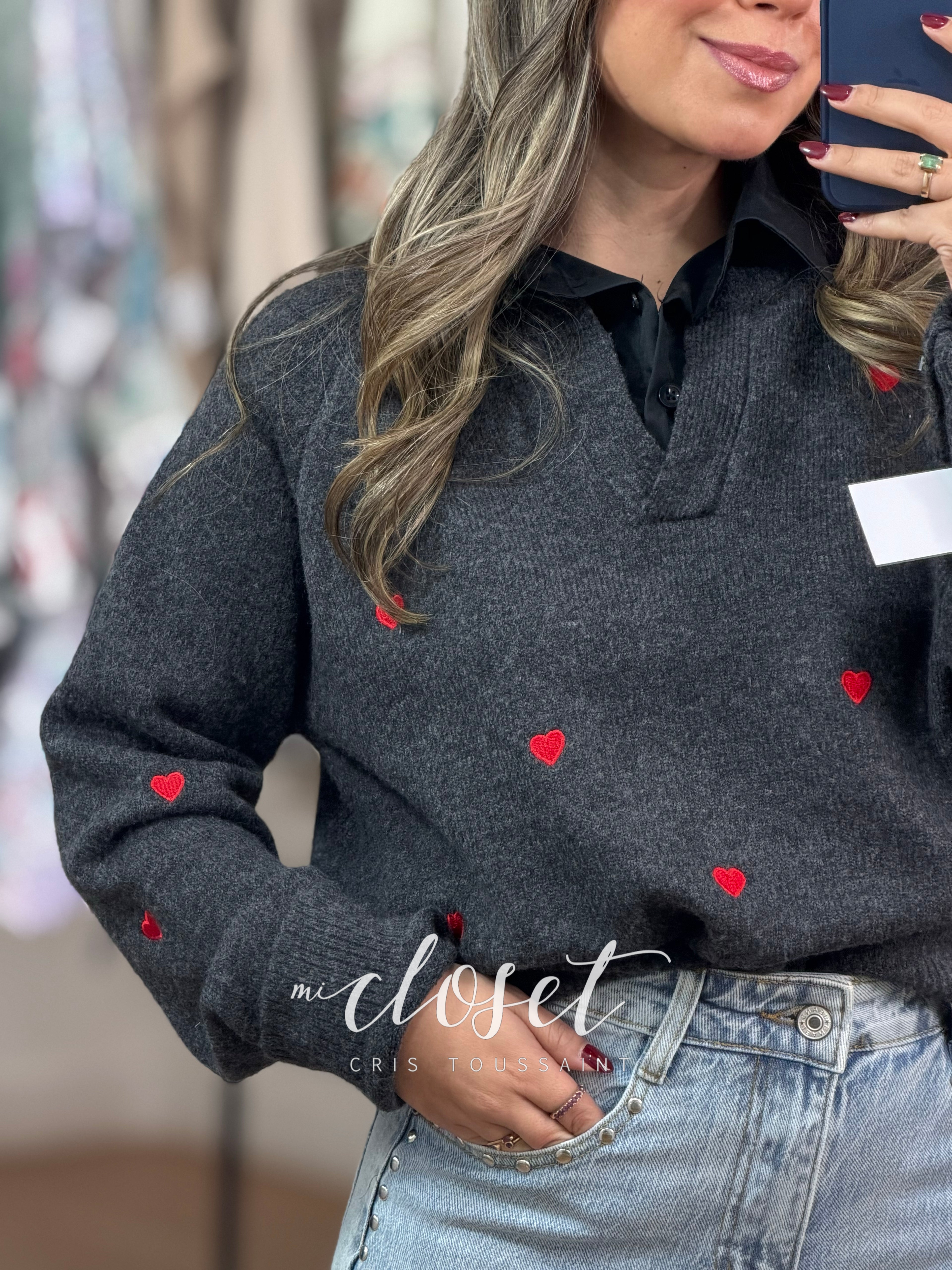 SWEATER DE PUNTO BORDADO CON CUELLO DE CAMISA ADHERIDO