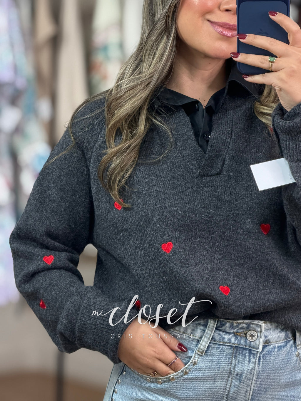 SWEATER DE PUNTO BORDADO CON CUELLO DE CAMISA ADHERIDO