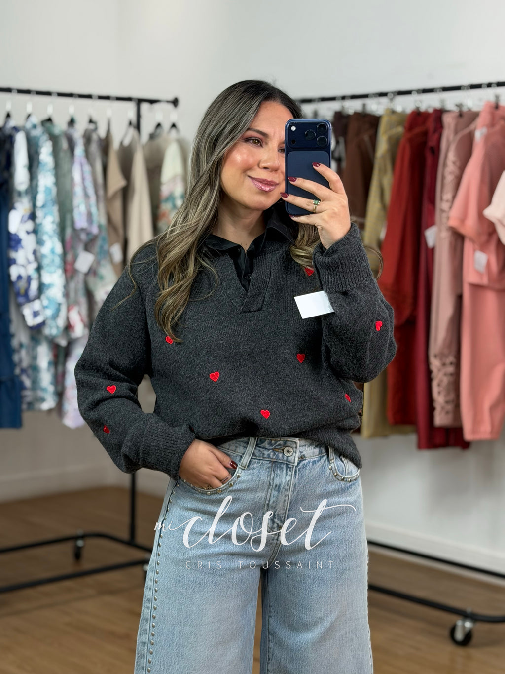 SWEATER DE PUNTO BORDADO CON CUELLO DE CAMISA ADHERIDO