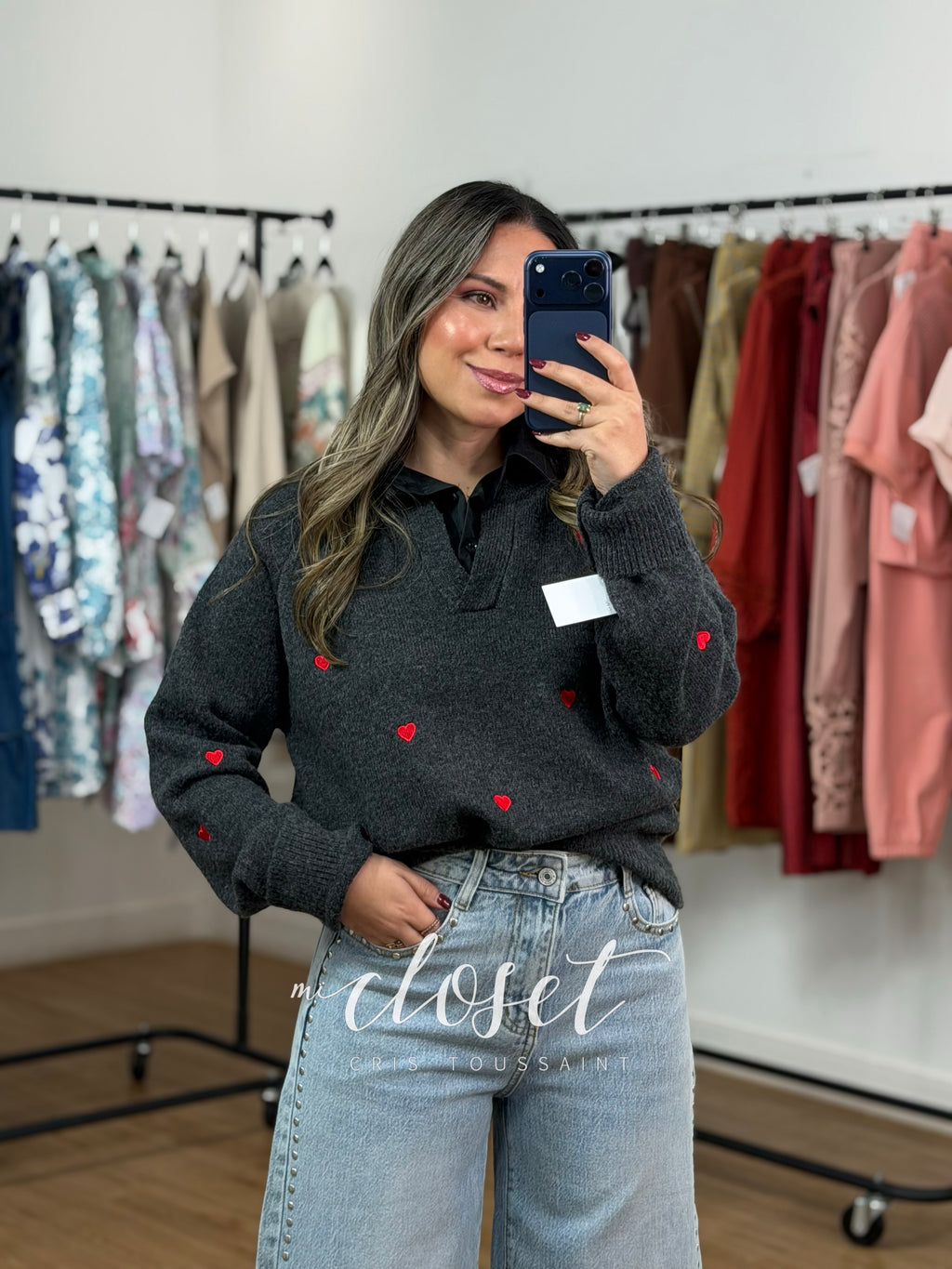 SWEATER DE PUNTO BORDADO CON CUELLO DE CAMISA ADHERIDO