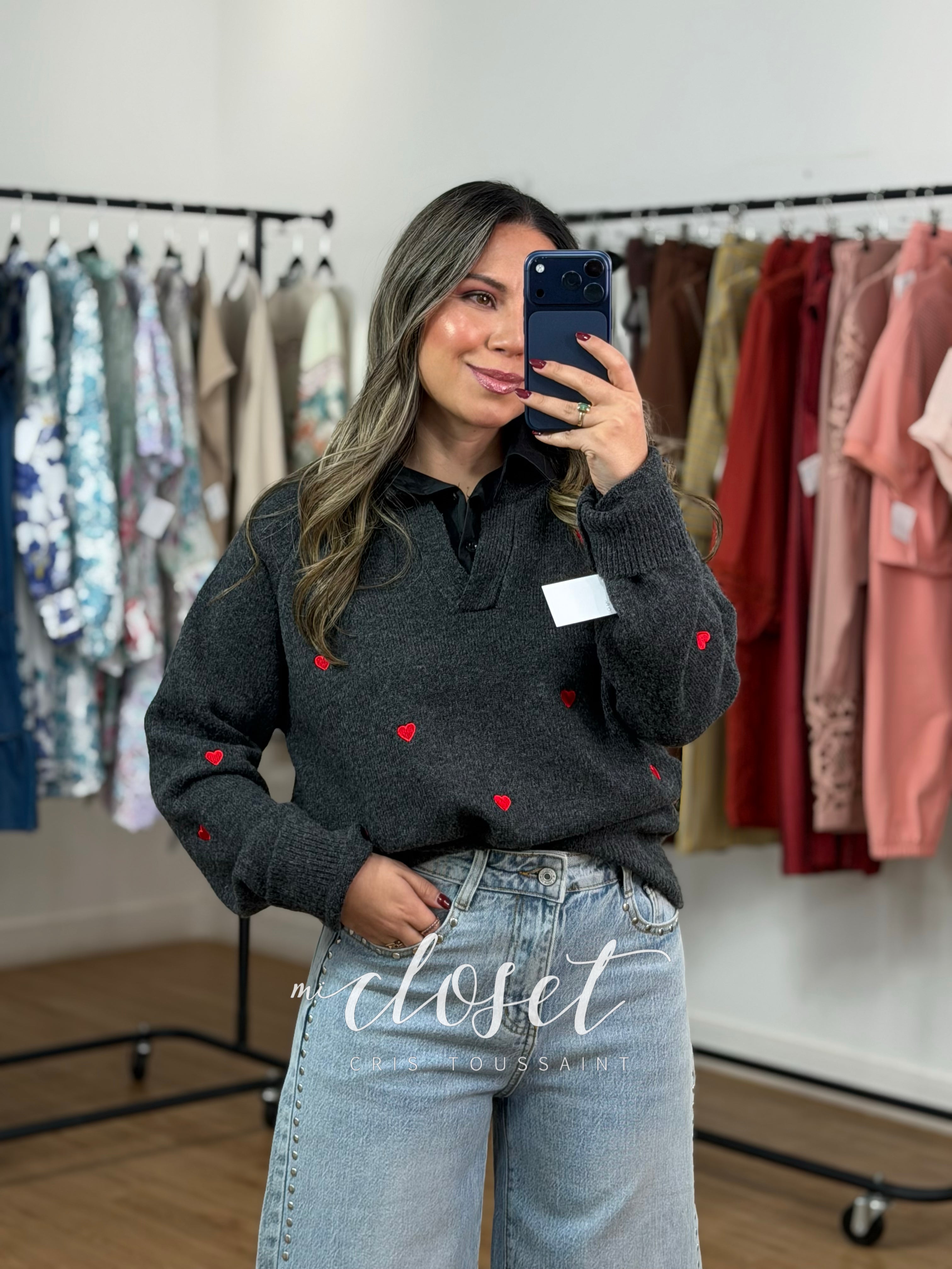 SWEATER DE PUNTO BORDADO CON CUELLO DE CAMISA ADHERIDO
