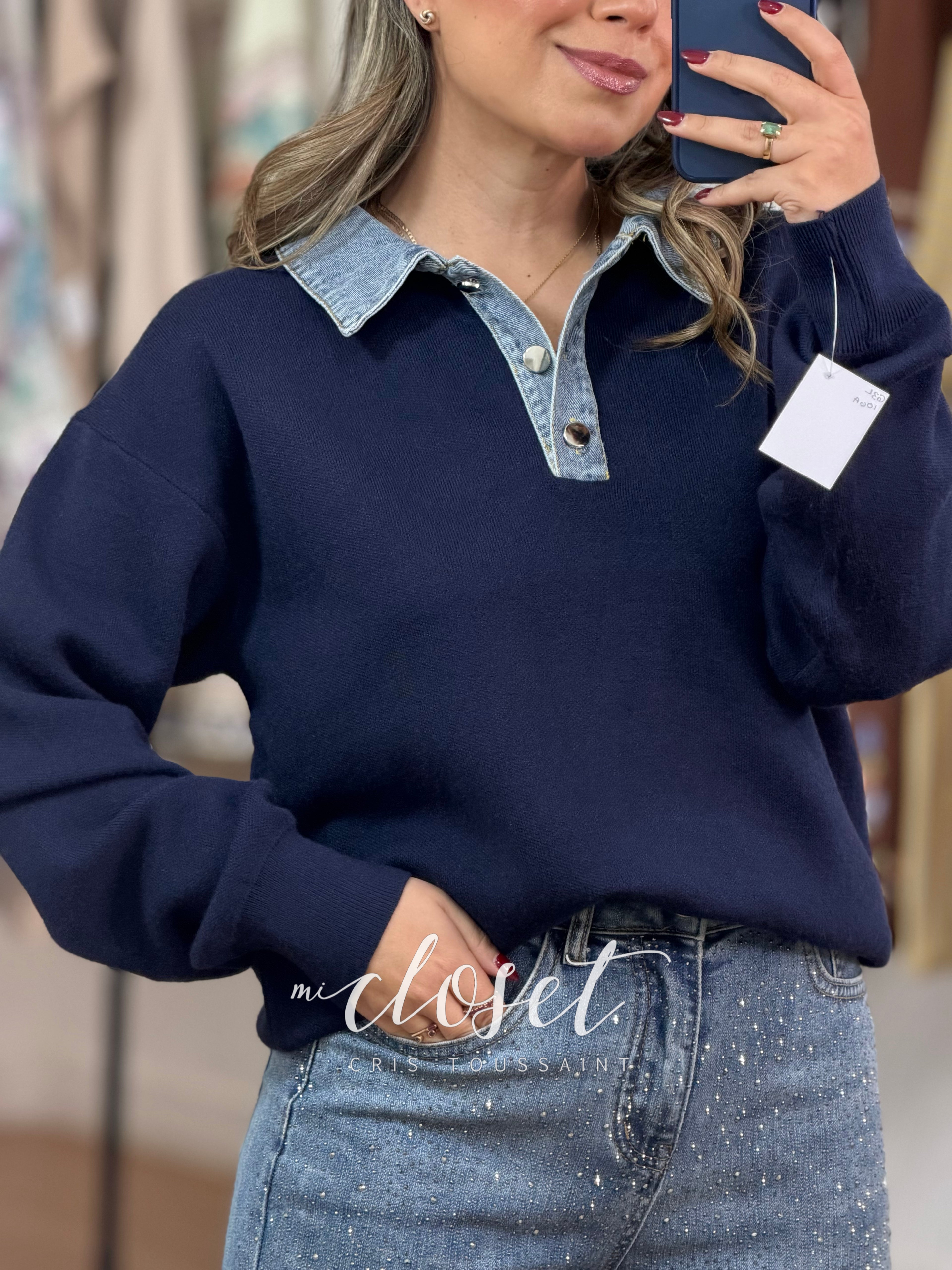 SWEATER SÚPER SUAVE CON CUELLO DE MEZCLILLA