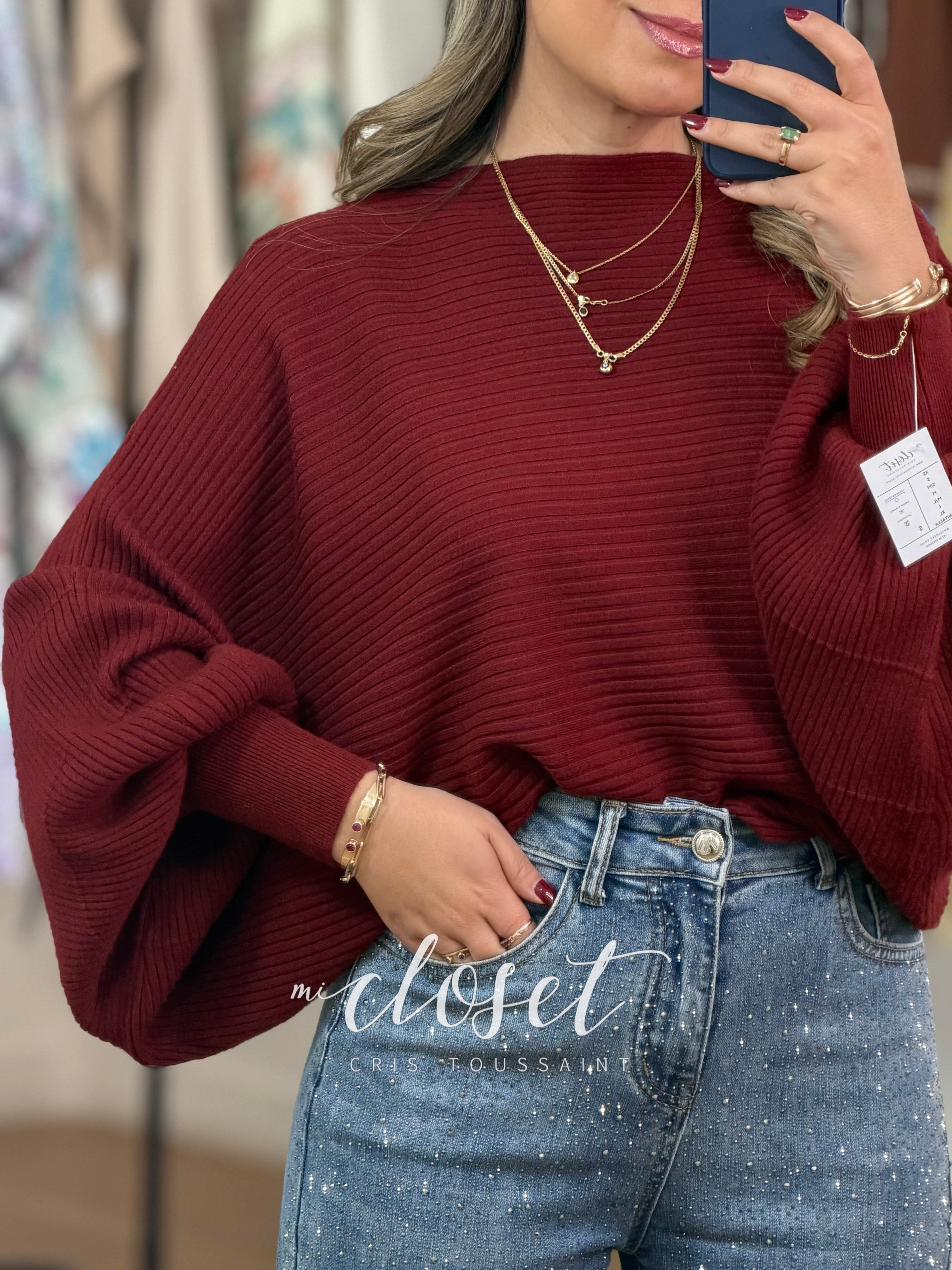 SWEATER MANGA MURCIÉLAGO CON TEXTURA DE LÍNEAS; SÚPER SUAVE
