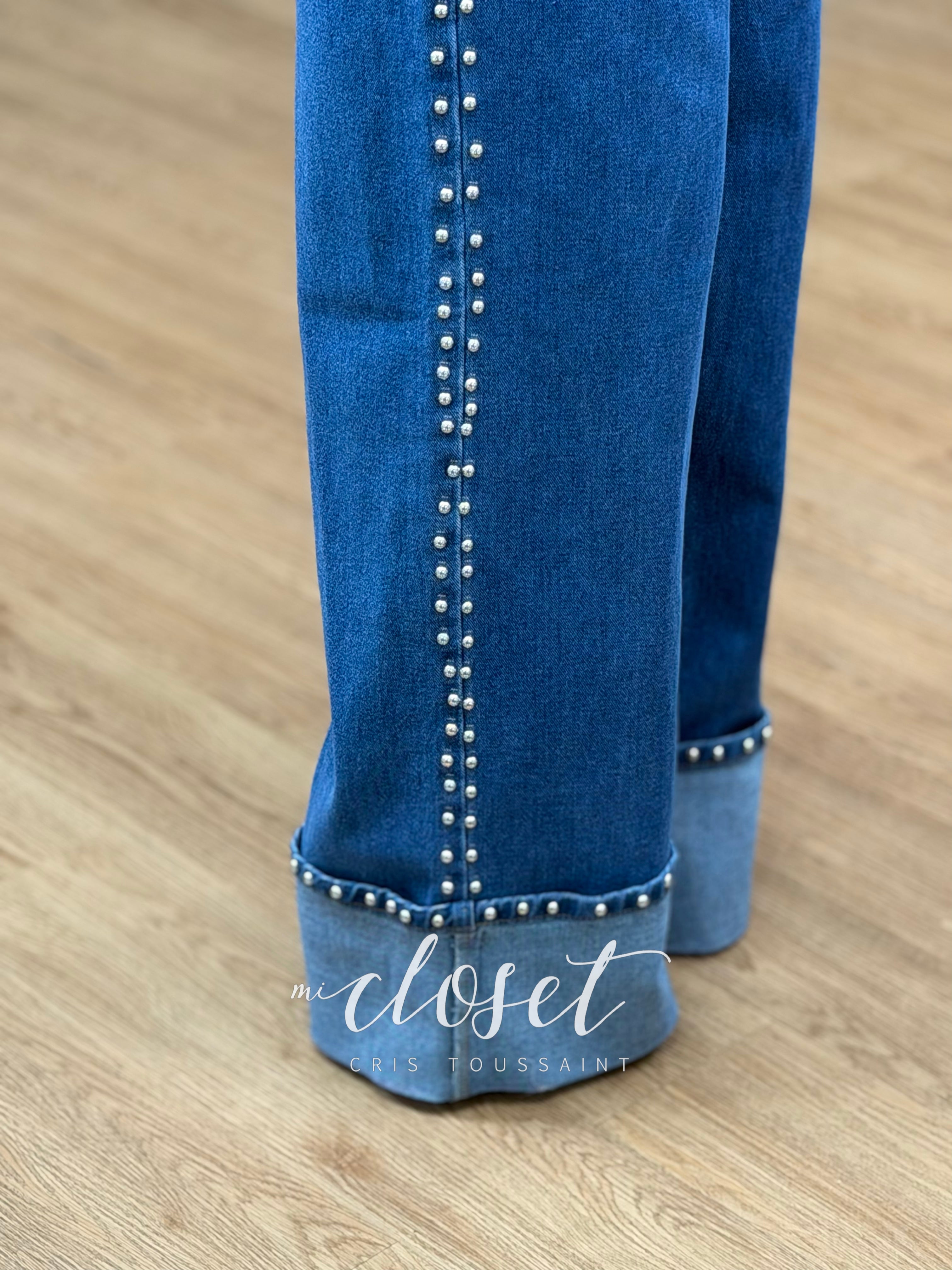 JEANS SÚPER STRETCH CORTE WIDE LEG CON ESTOPEROLES EN COSTADOS, BOLSAS Y DOBLADILLO