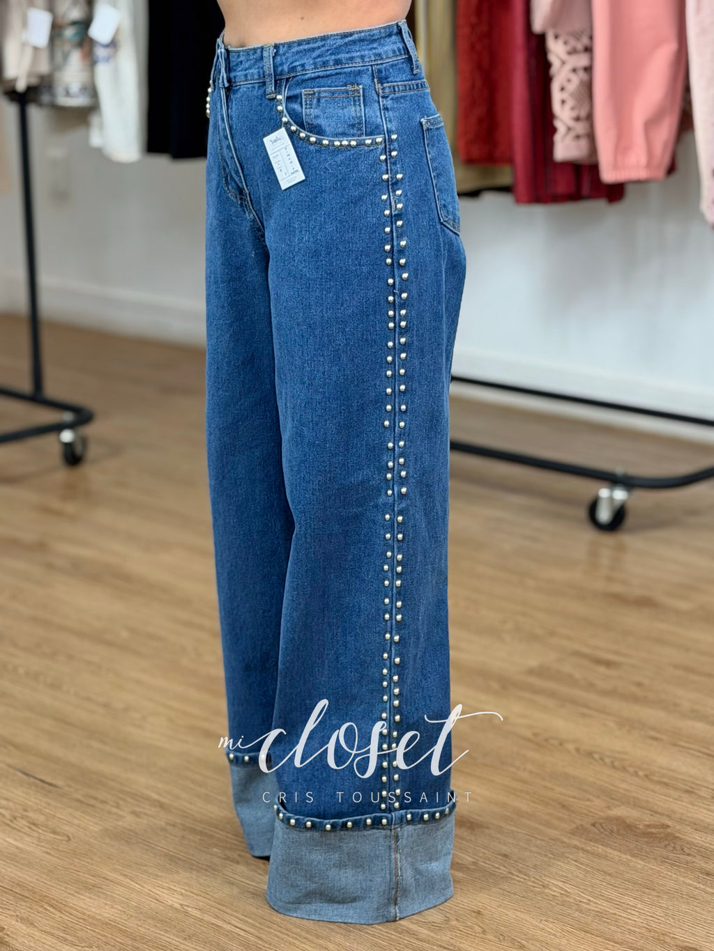 JEANS SÚPER STRETCH CORTE WIDE LEG CON ESTOPEROLES EN COSTADOS, BOLSAS Y DOBLADILLO