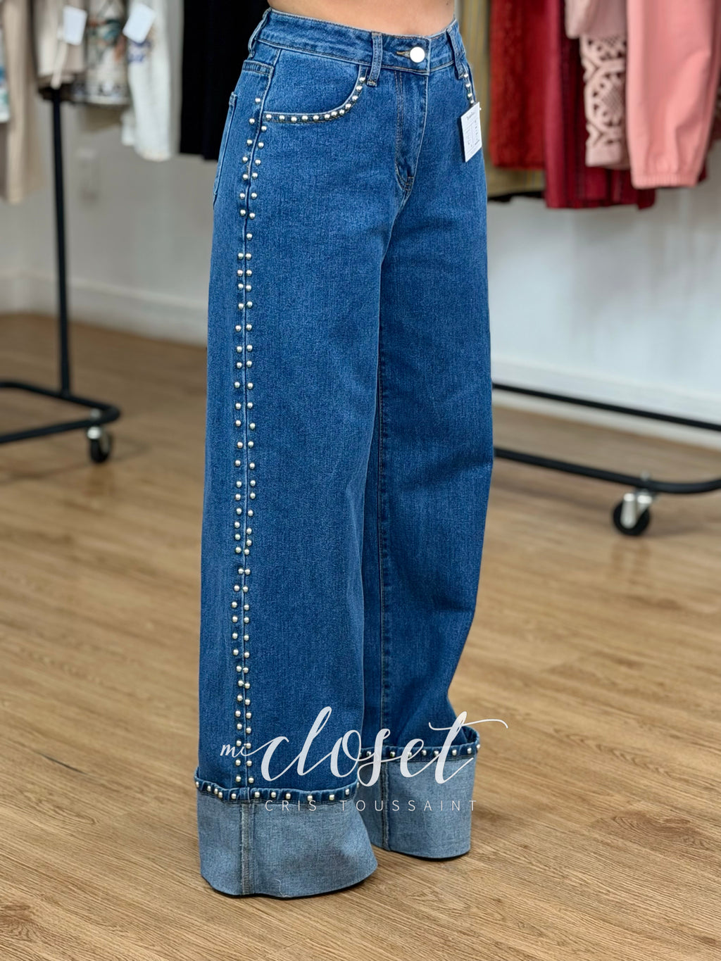 JEANS SÚPER STRETCH CORTE WIDE LEG CON ESTOPEROLES EN COSTADOS, BOLSAS Y DOBLADILLO