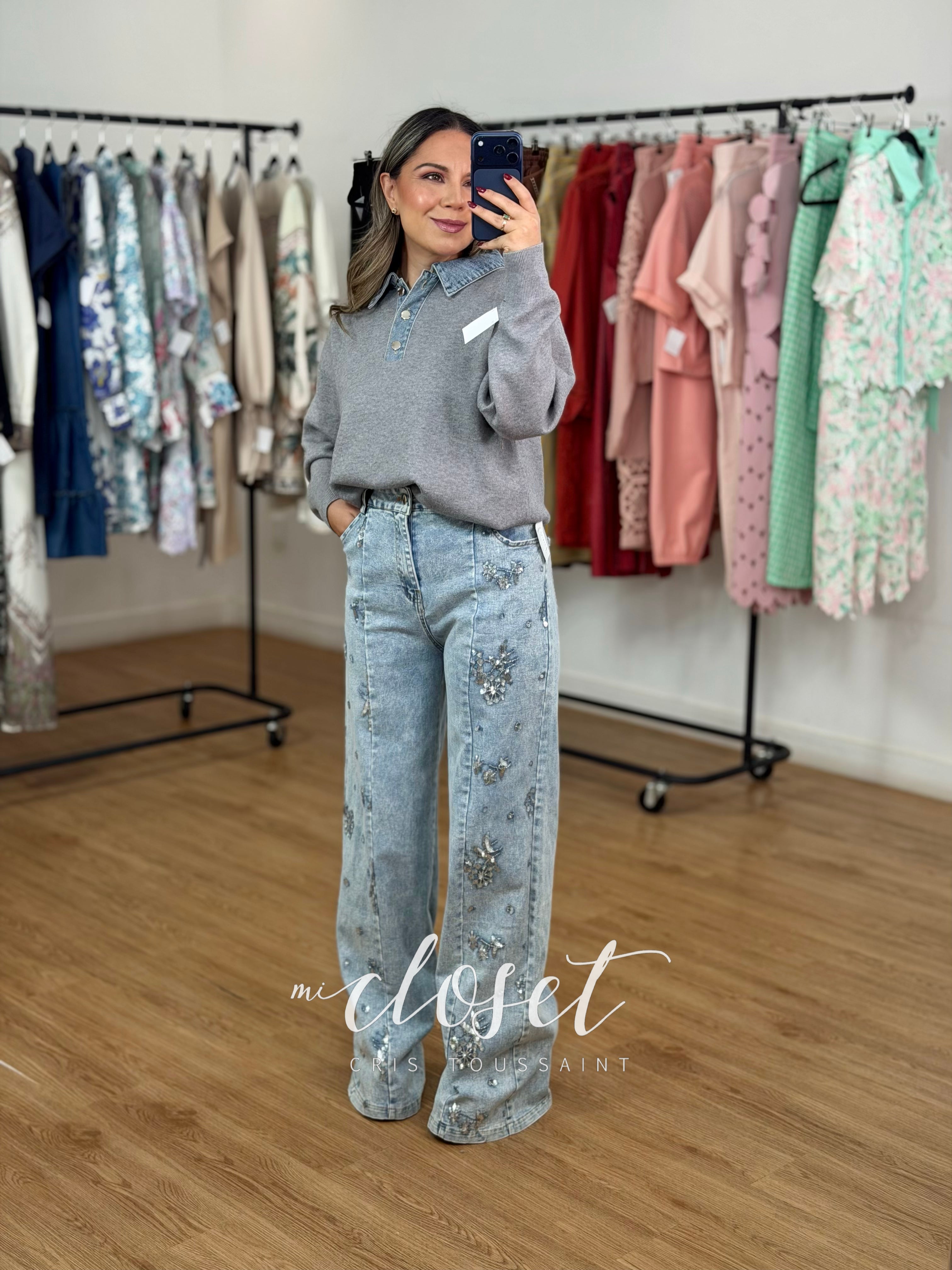 JEANS SÚPER STRETCH BORDADO CON LENTEJUELA MINI Y CHAQUIRA