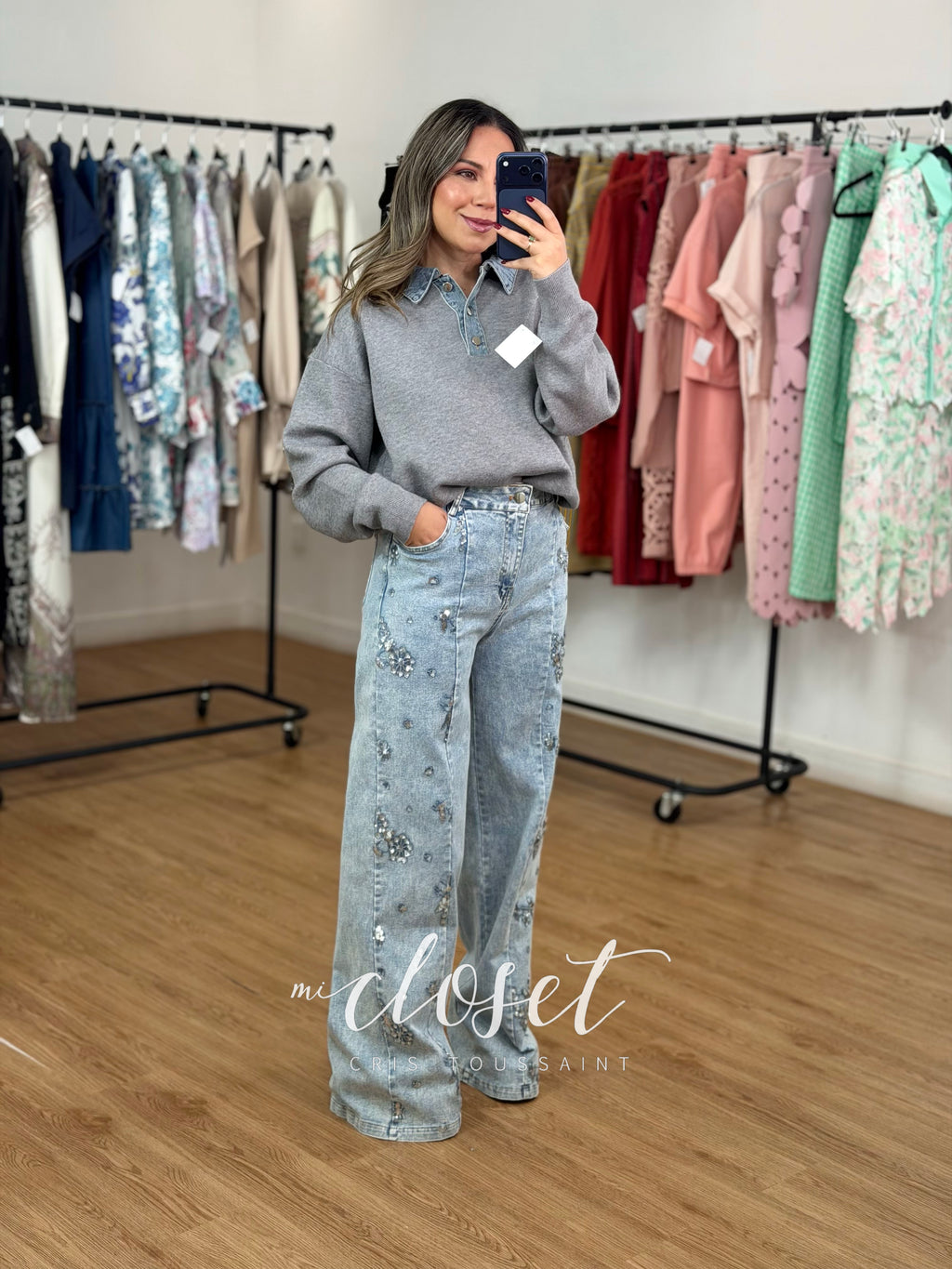 JEANS SÚPER STRETCH BORDADO CON LENTEJUELA MINI Y CHAQUIRA
