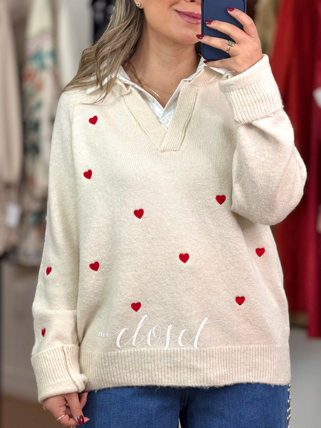 SWEATER DE PUNTO BORDADO CON CUELLO DE CAMISA ADHERIDO