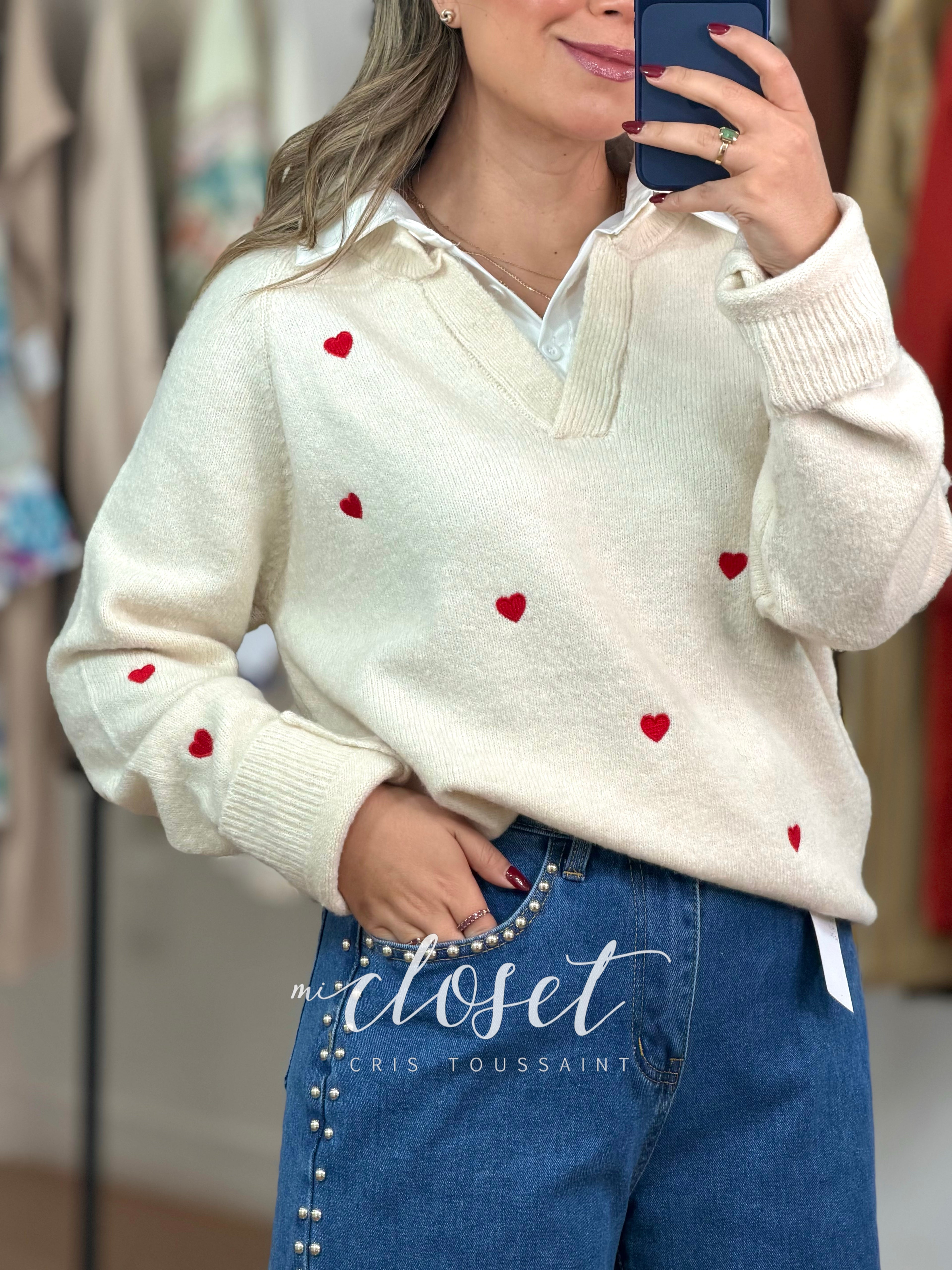 SWEATER DE PUNTO BORDADO CON CUELLO DE CAMISA ADHERIDO