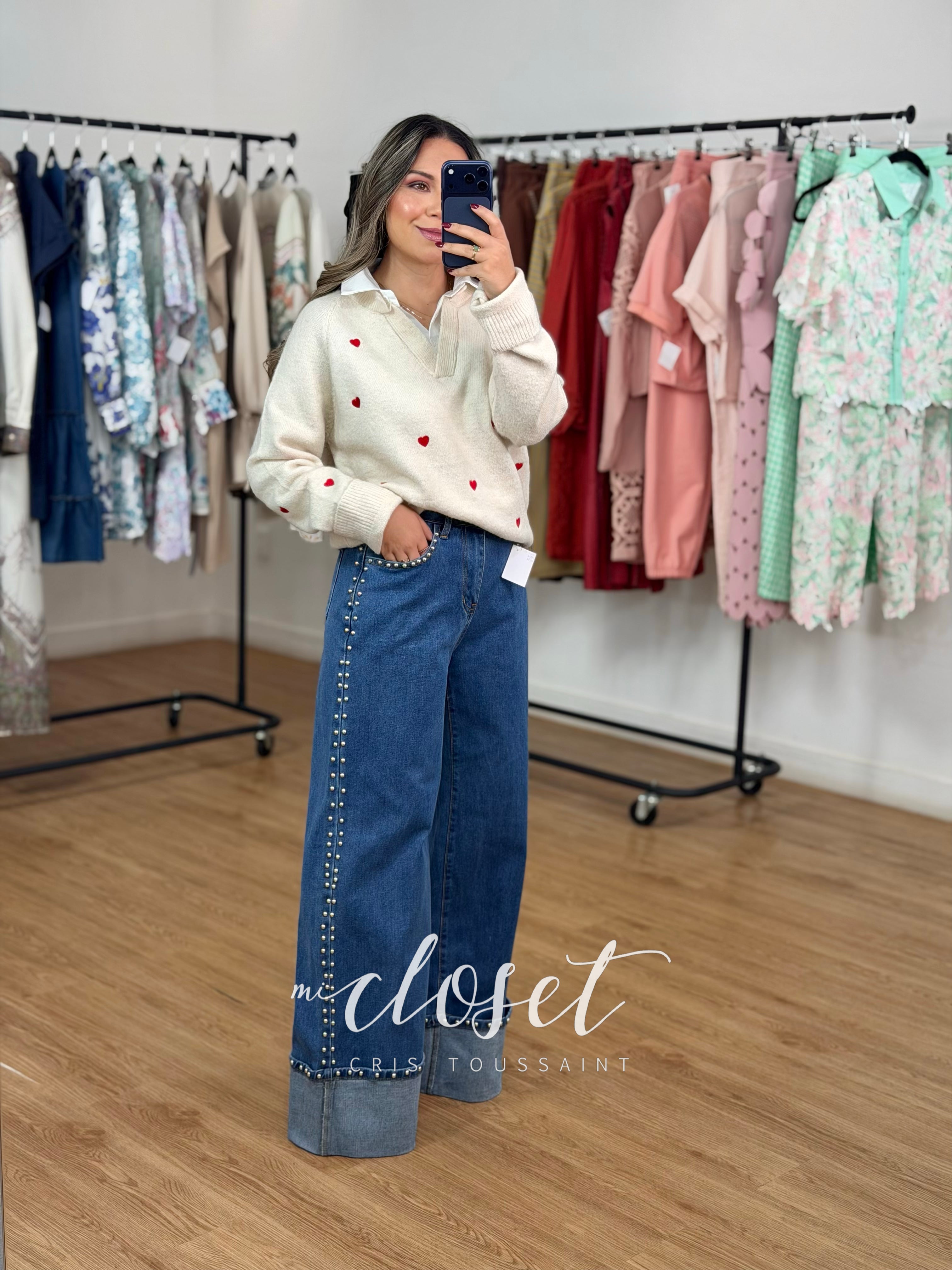 SWEATER DE PUNTO BORDADO CON CUELLO DE CAMISA ADHERIDO