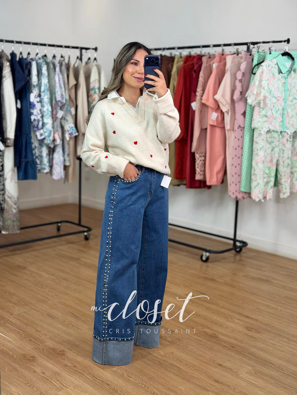 JEANS SÚPER STRETCH CORTE WIDE LEG CON ESTOPEROLES EN COSTADOS, BOLSAS Y DOBLADILLO