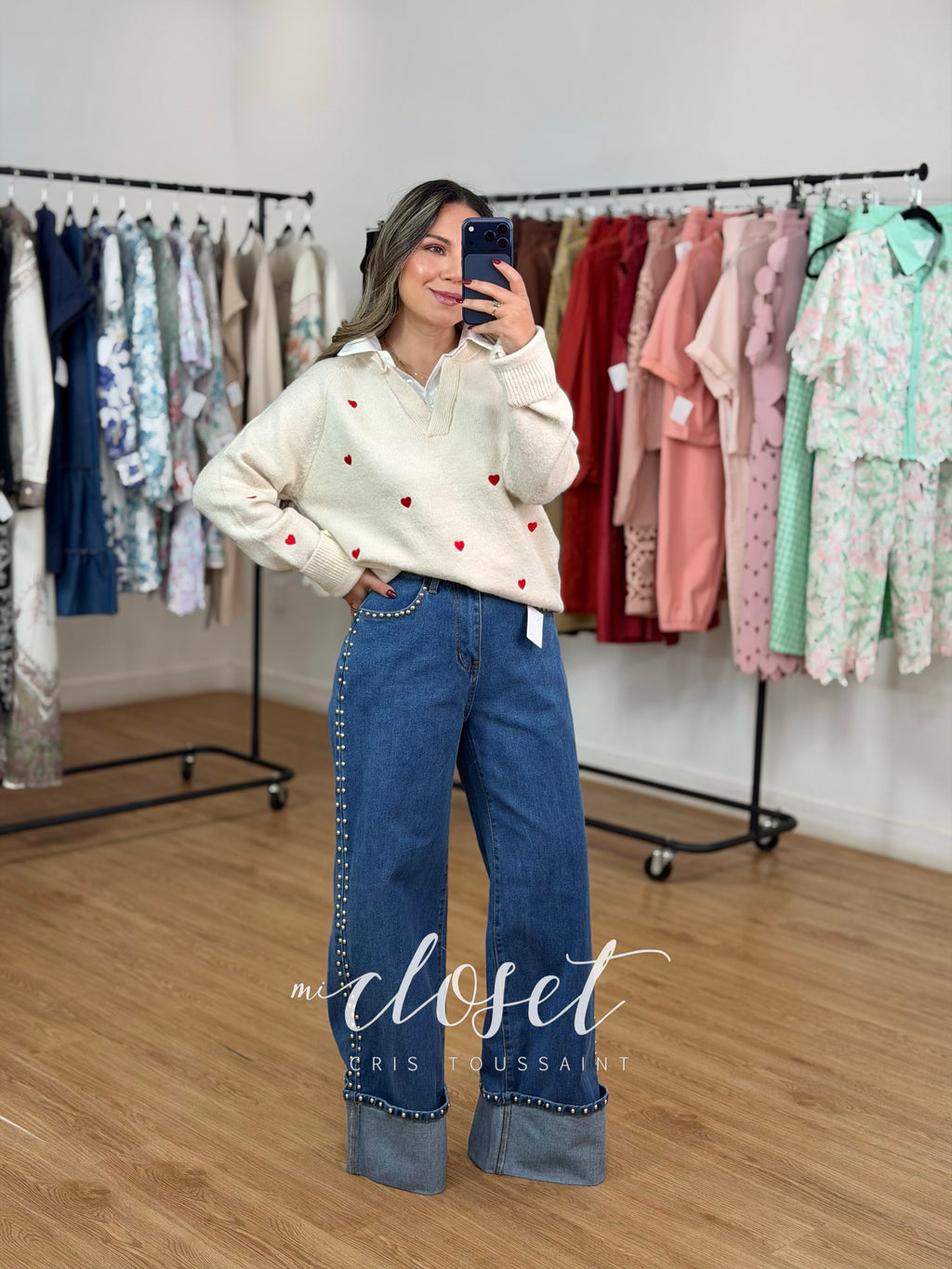 JEANS SÚPER STRETCH CORTE WIDE LEG CON ESTOPEROLES EN COSTADOS, BOLSAS Y DOBLADILLO
