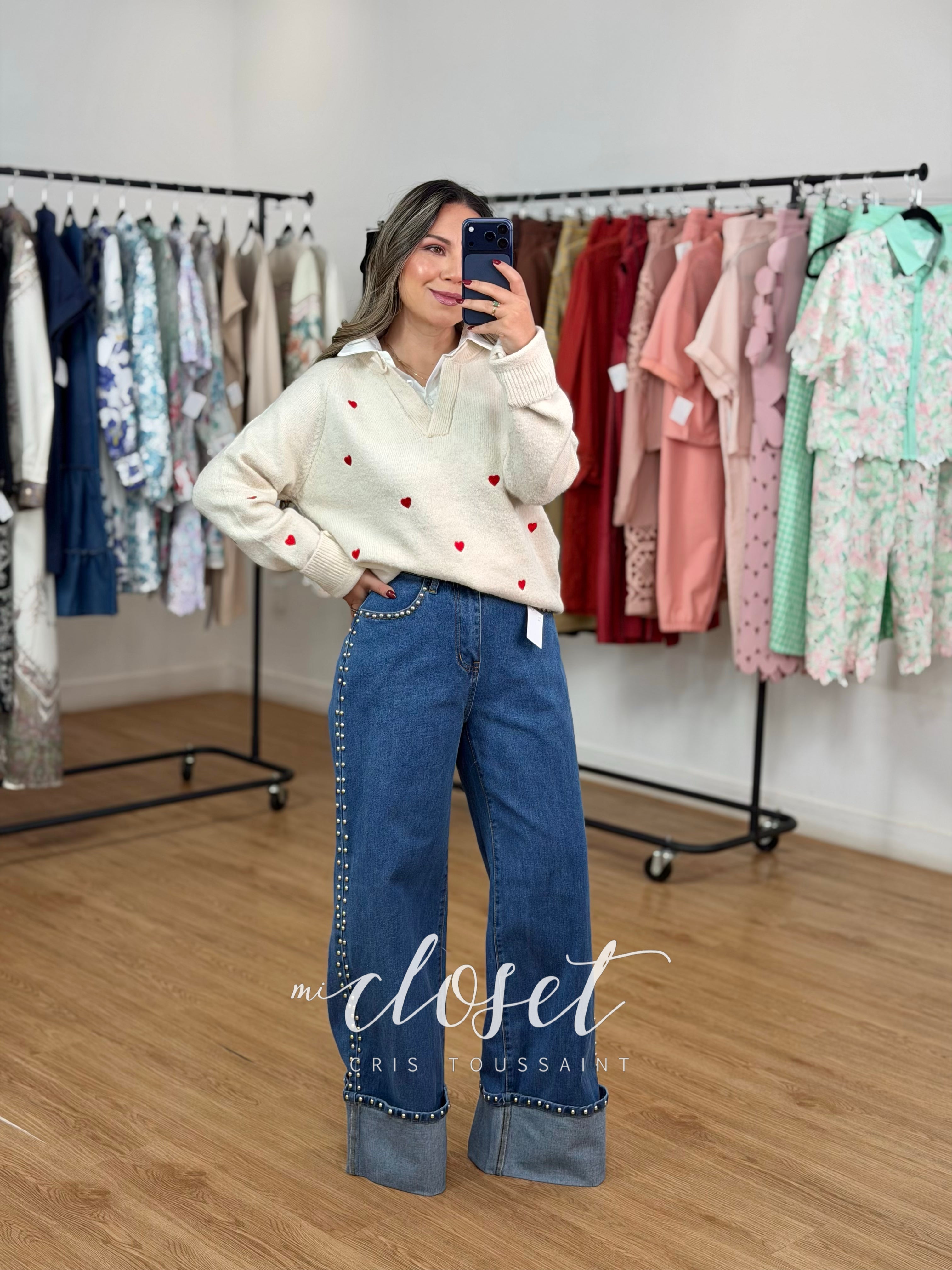 JEANS SÚPER STRETCH CORTE WIDE LEG CON ESTOPEROLES EN COSTADOS, BOLSAS Y DOBLADILLO