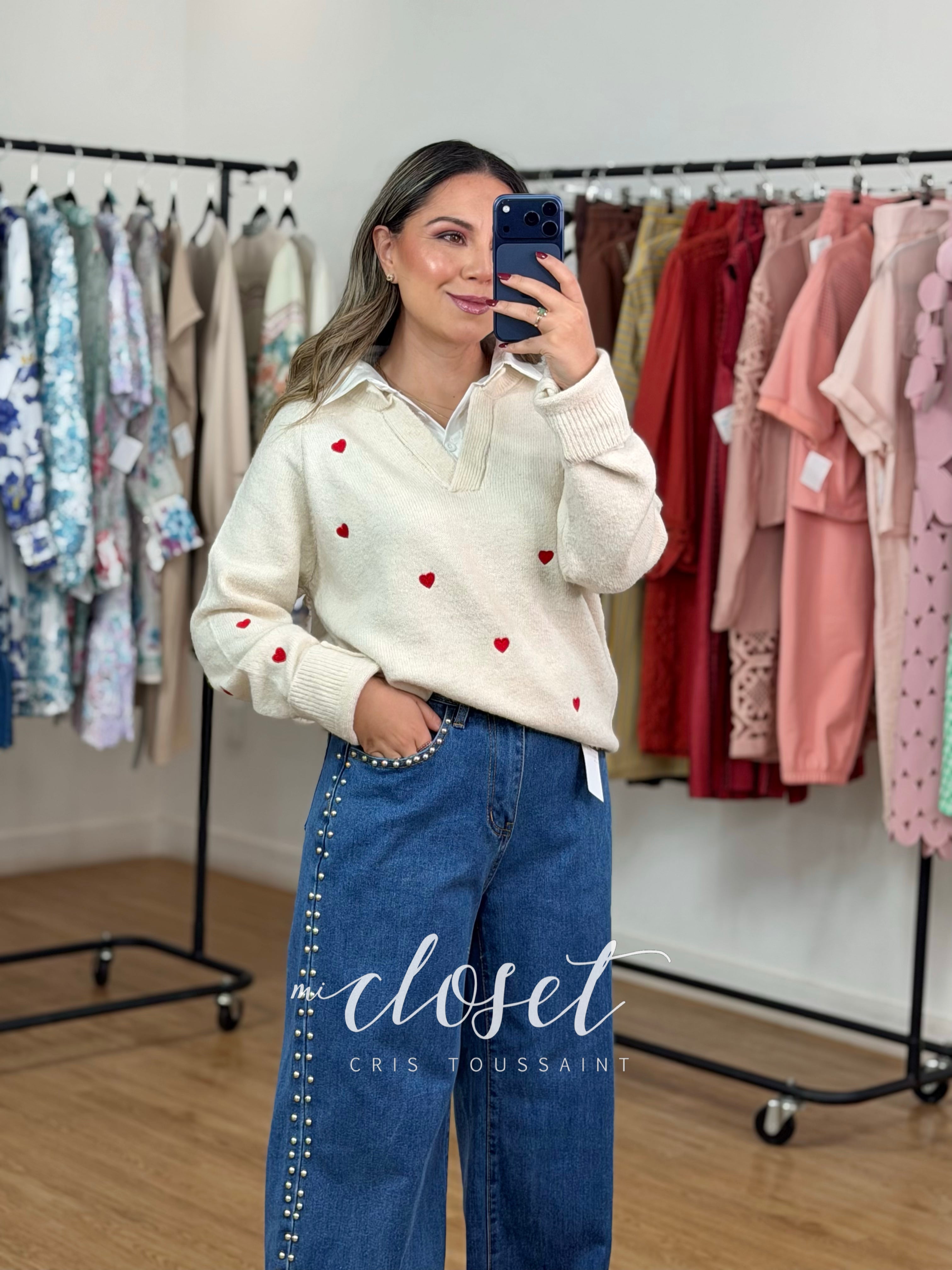 SWEATER DE PUNTO BORDADO CON CUELLO DE CAMISA ADHERIDO