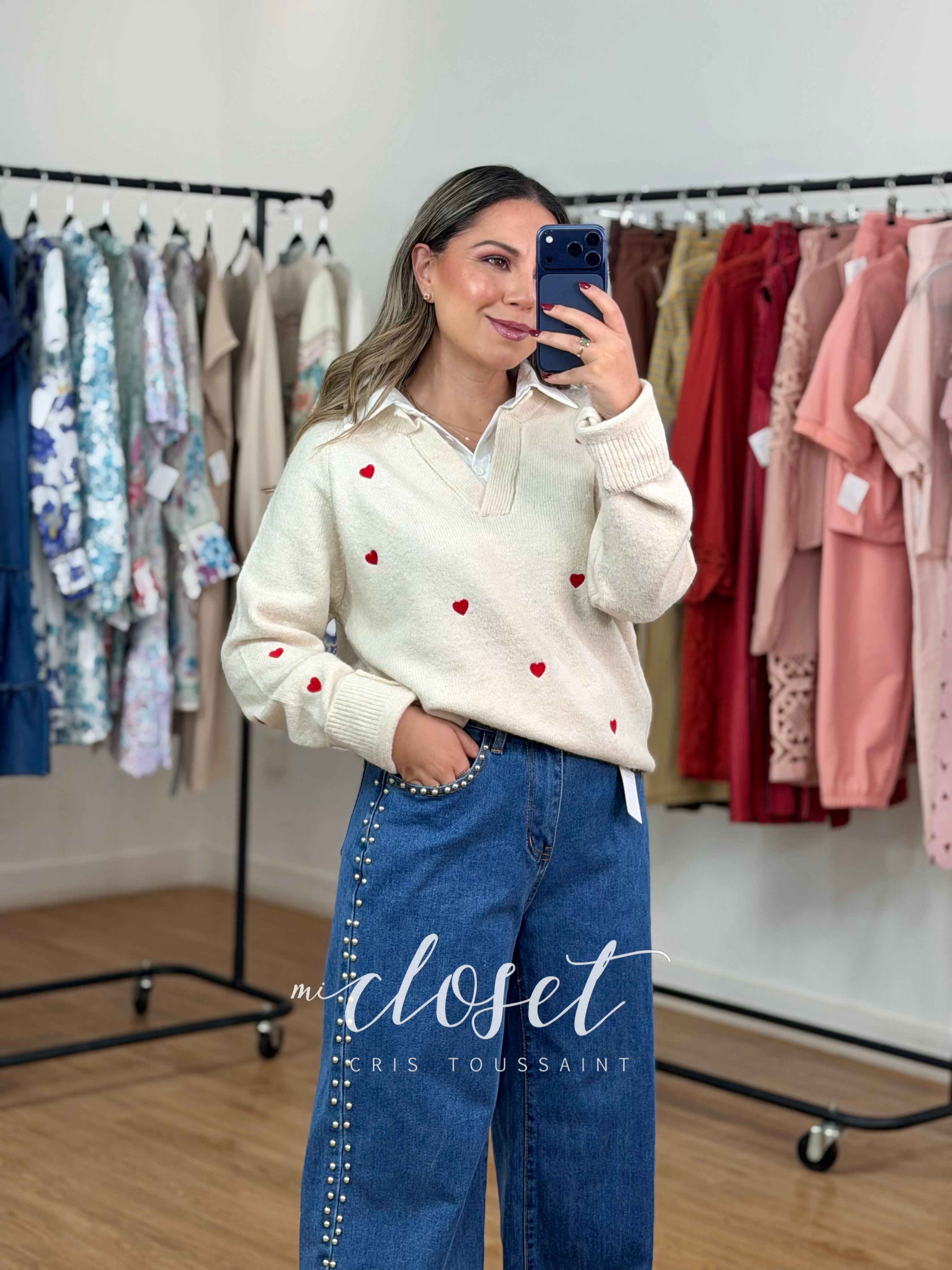 SWEATER DE PUNTO BORDADO CON CUELLO DE CAMISA ADHERIDO