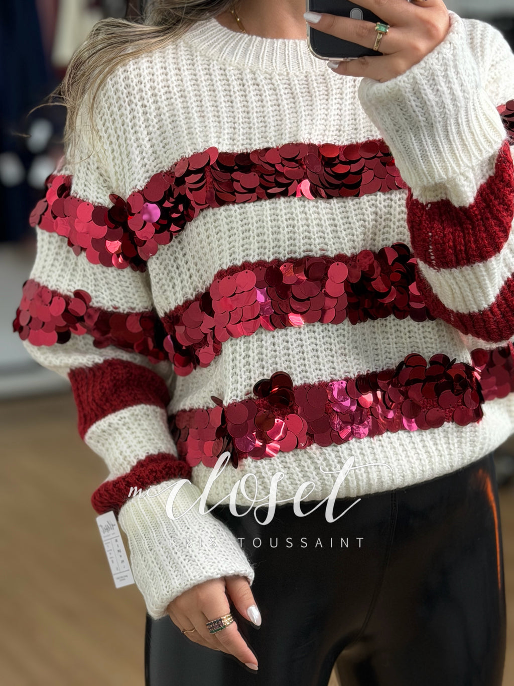 SWEATER TEJIDO, BICOLOR CON LENTEJUELA GIGANTE