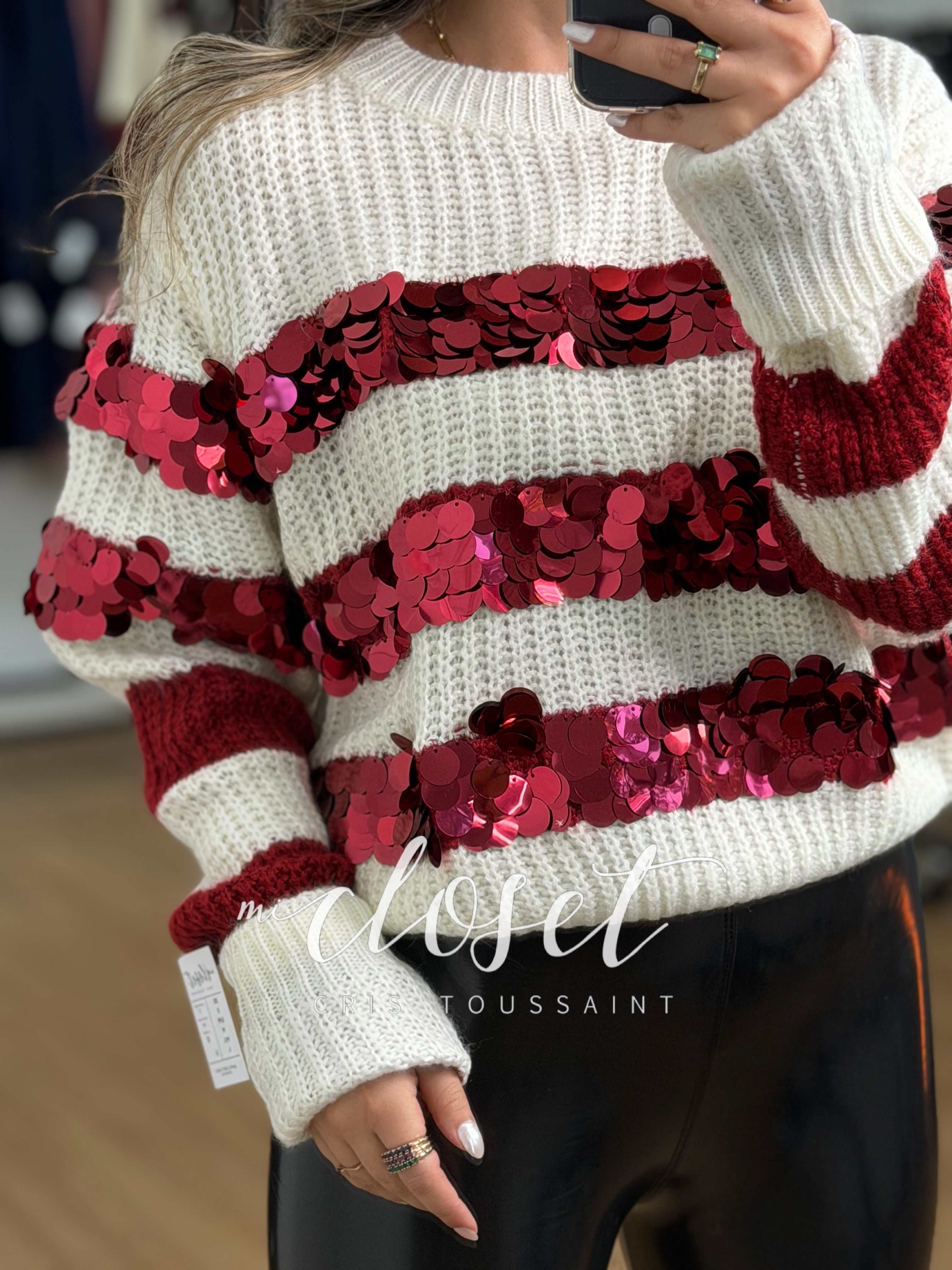 SWEATER TEJIDO, BICOLOR CON LENTEJUELA GIGANTE