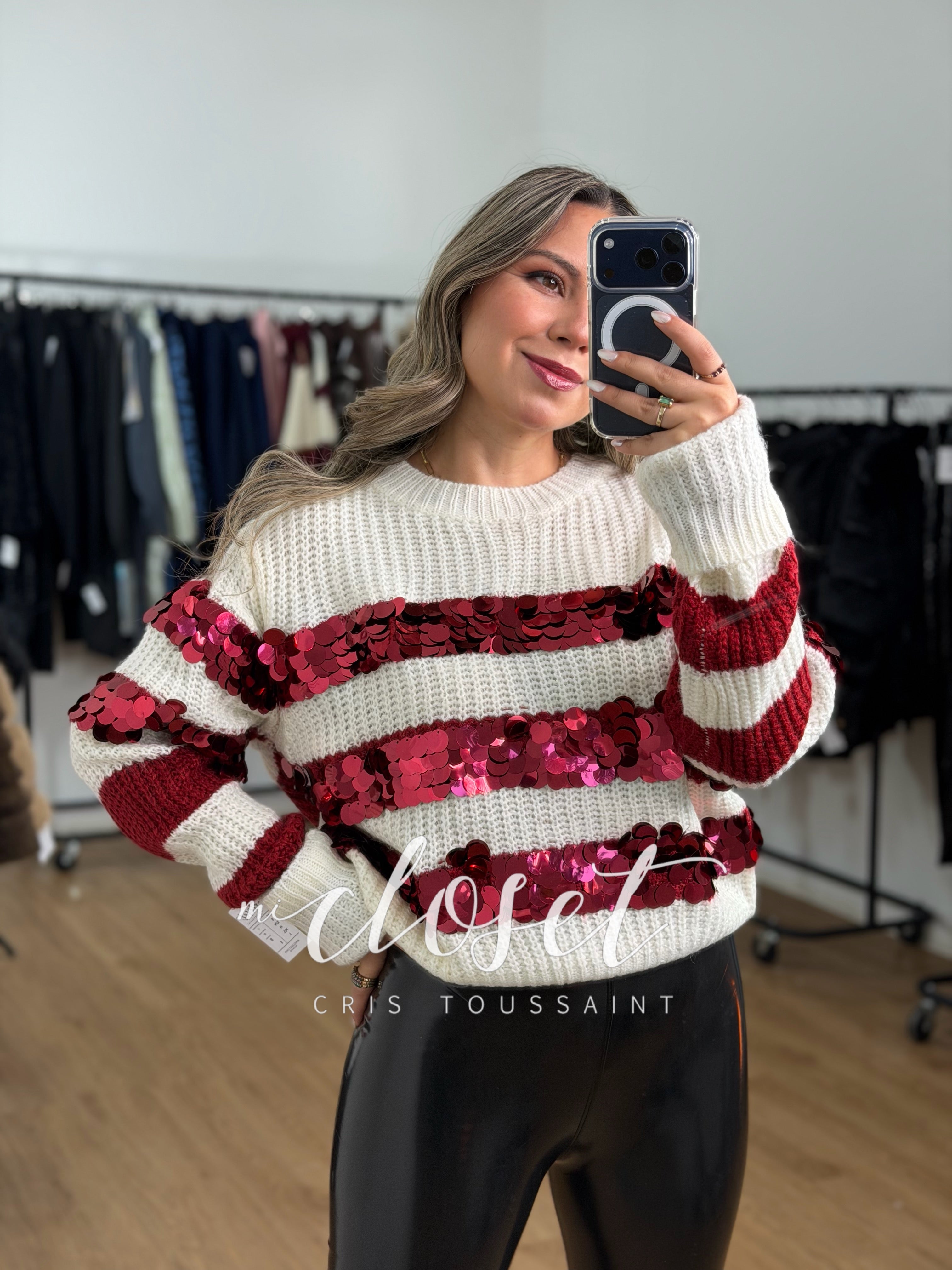 SWEATER TEJIDO, BICOLOR CON LENTEJUELA GIGANTE