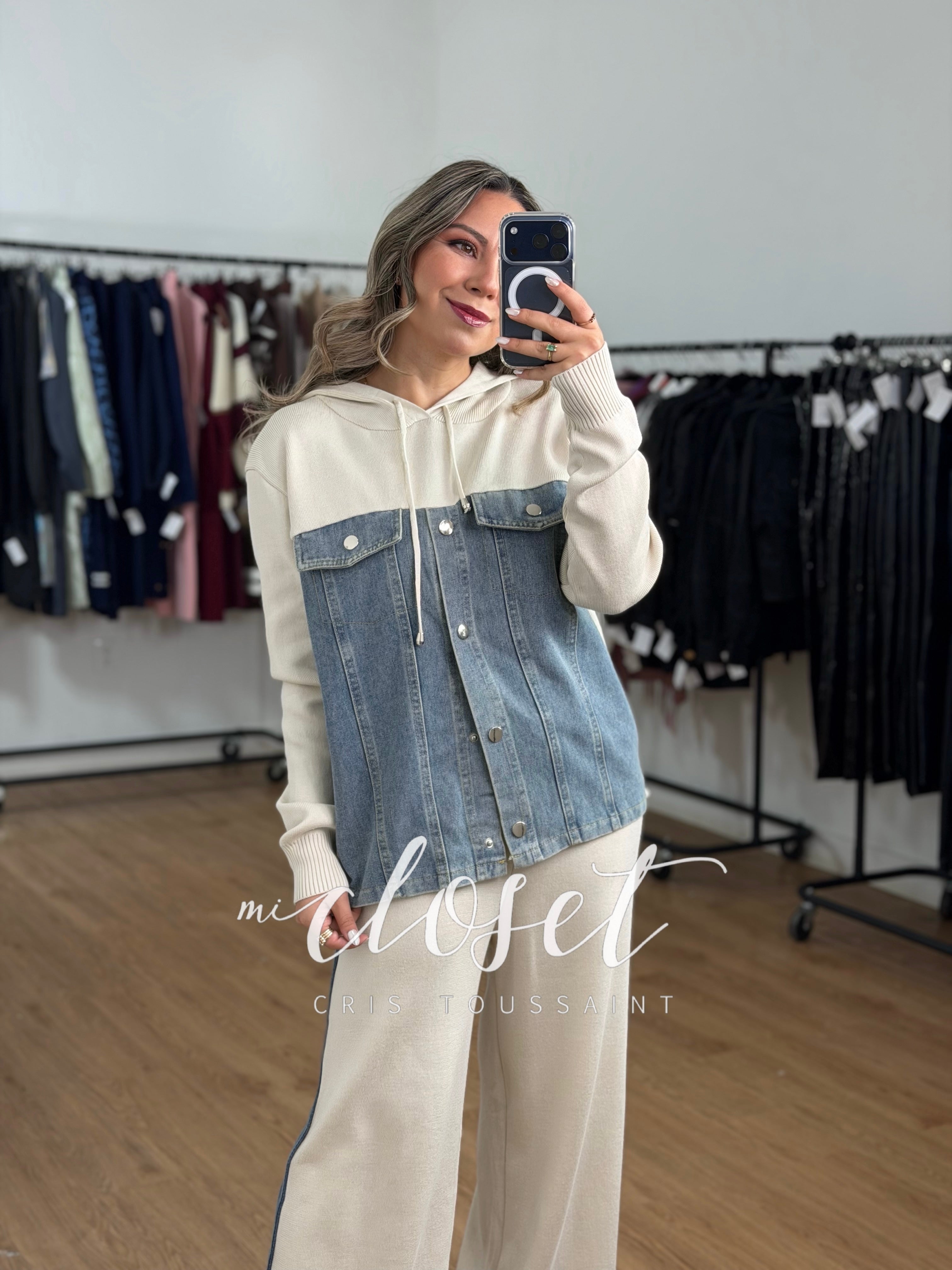 CONJUNTO DE PANTS Y HOODIE CON GORRO DOBLE TEXTURA