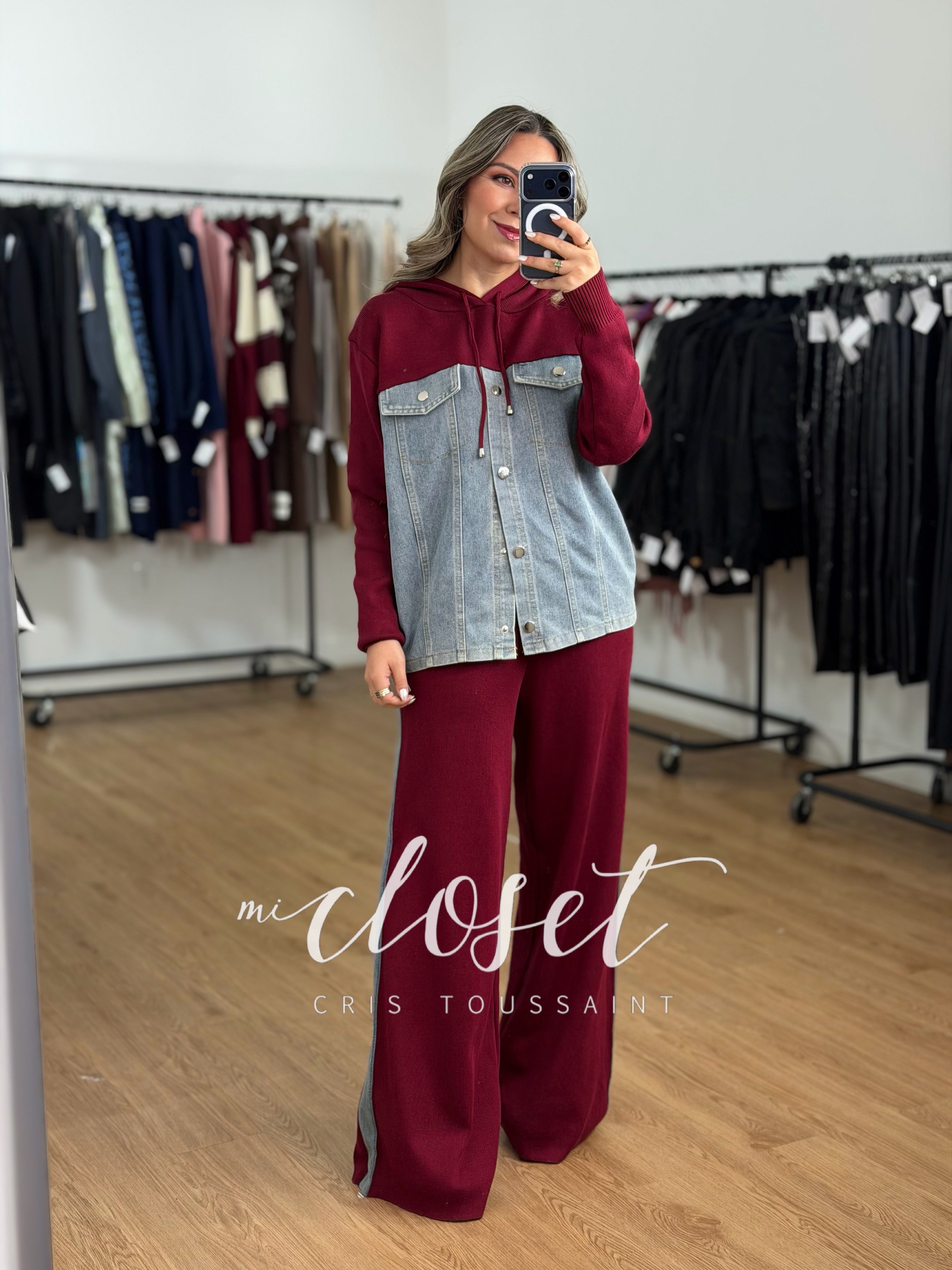 CONJUNTO DE PANTS Y HOODIE CON GORRO DOBLE TEXTURA