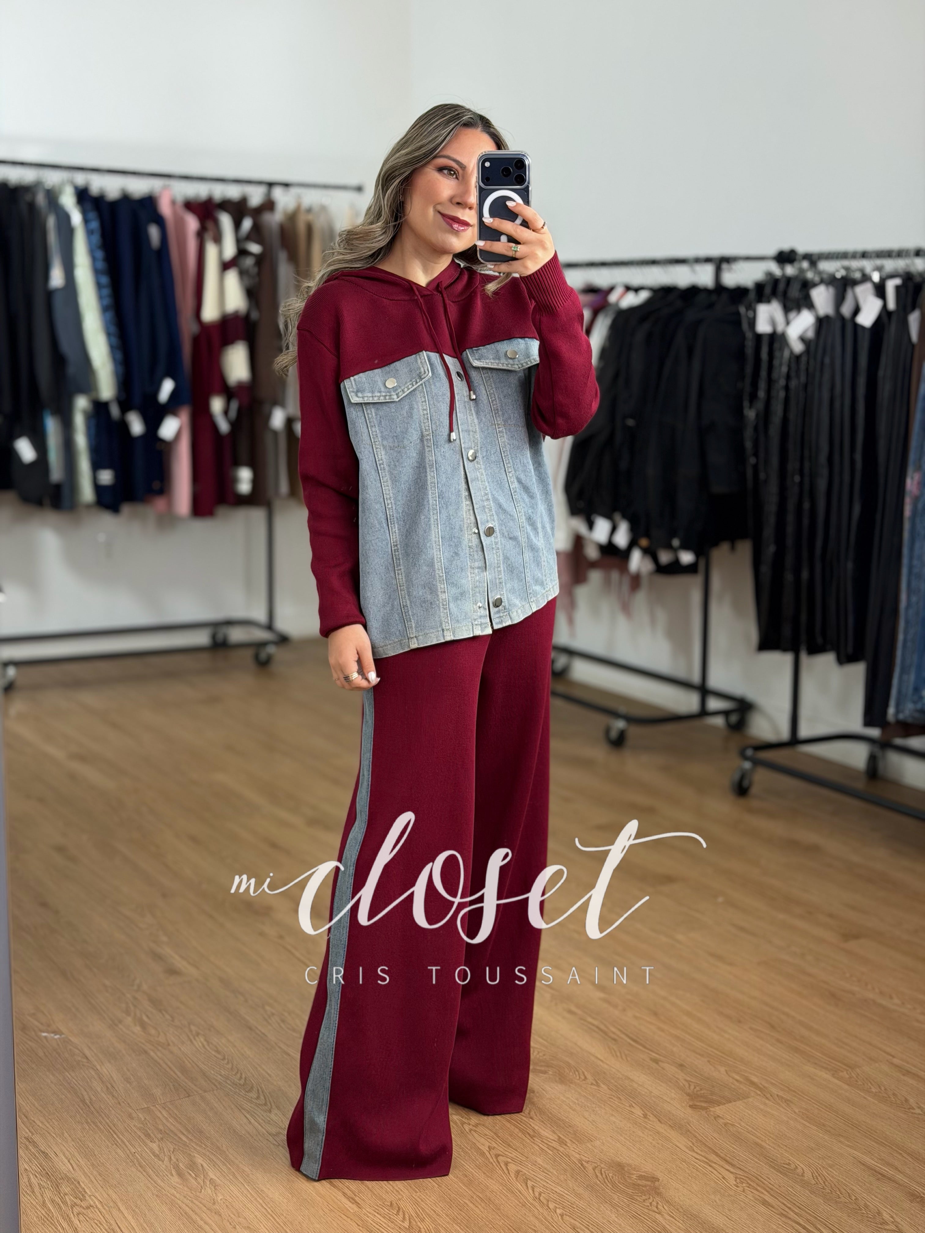 CONJUNTO DE PANTS Y HOODIE CON GORRO DOBLE TEXTURA
