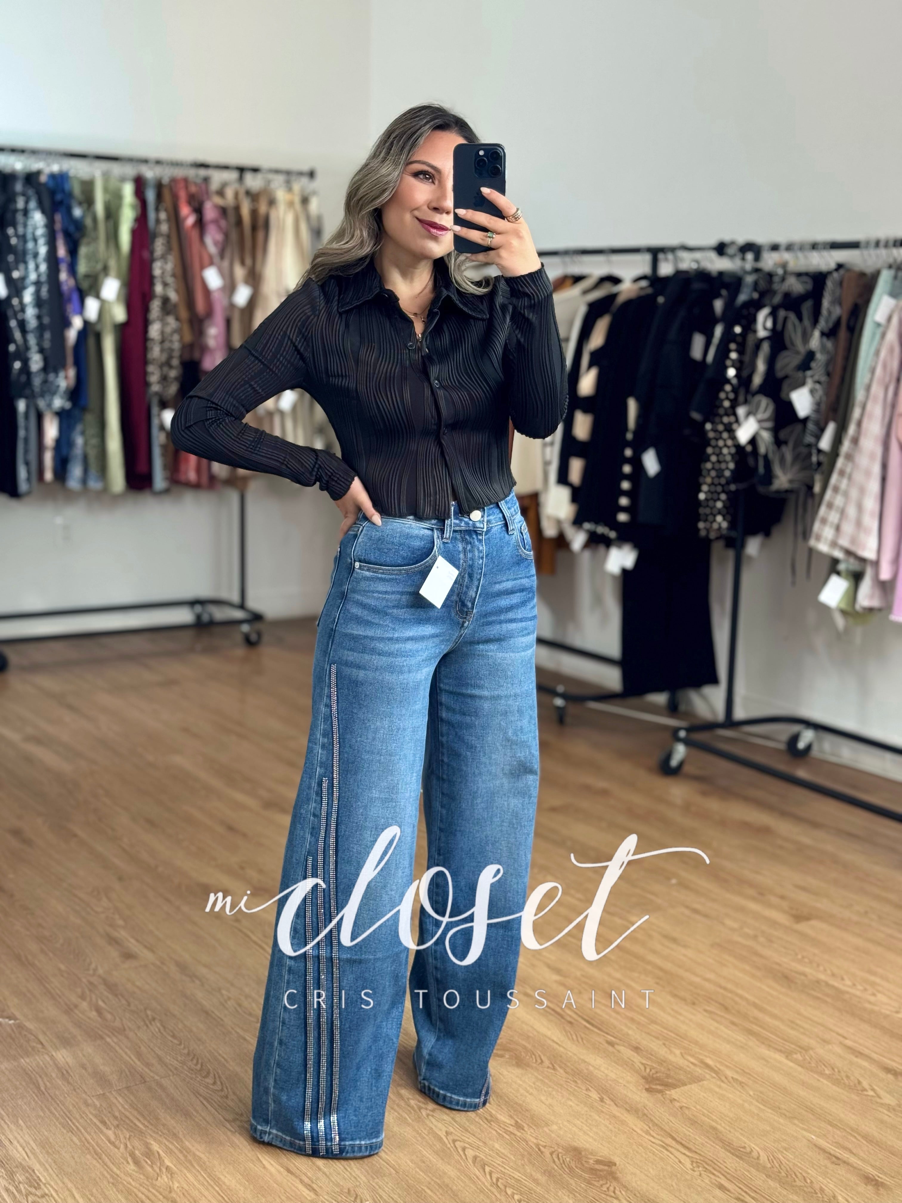 JEANS WIDE LEG SUPER STRETCH CON TIRAS DE BRILLOS EN COSTADOS