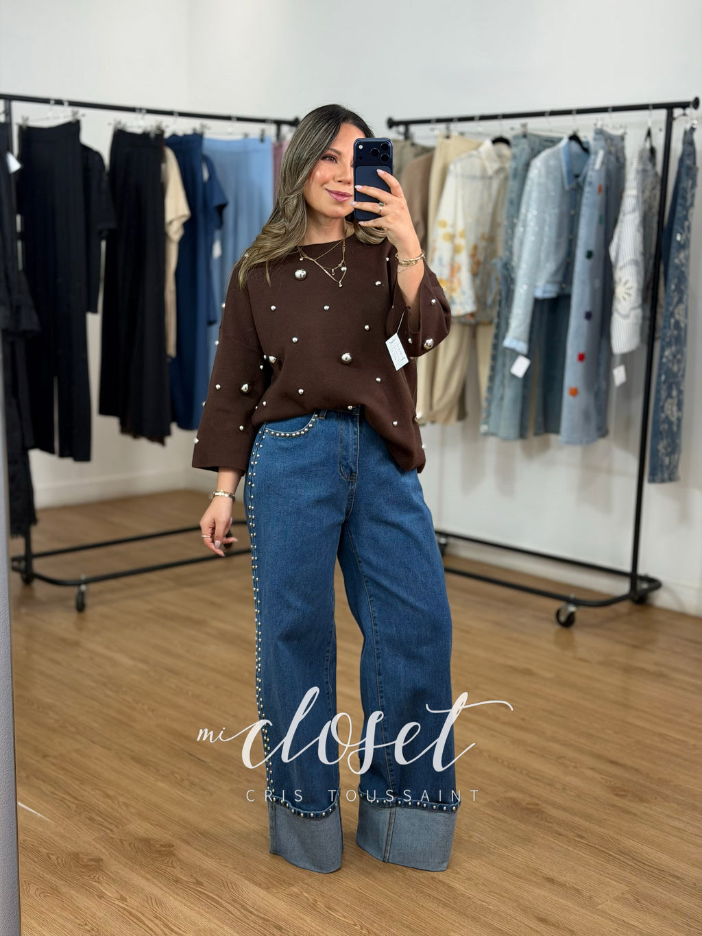 JEANS SÚPER STRETCH CORTE WIDE LEG CON ESTOPEROLES EN COSTADOS, BOLSAS Y DOBLADILLO