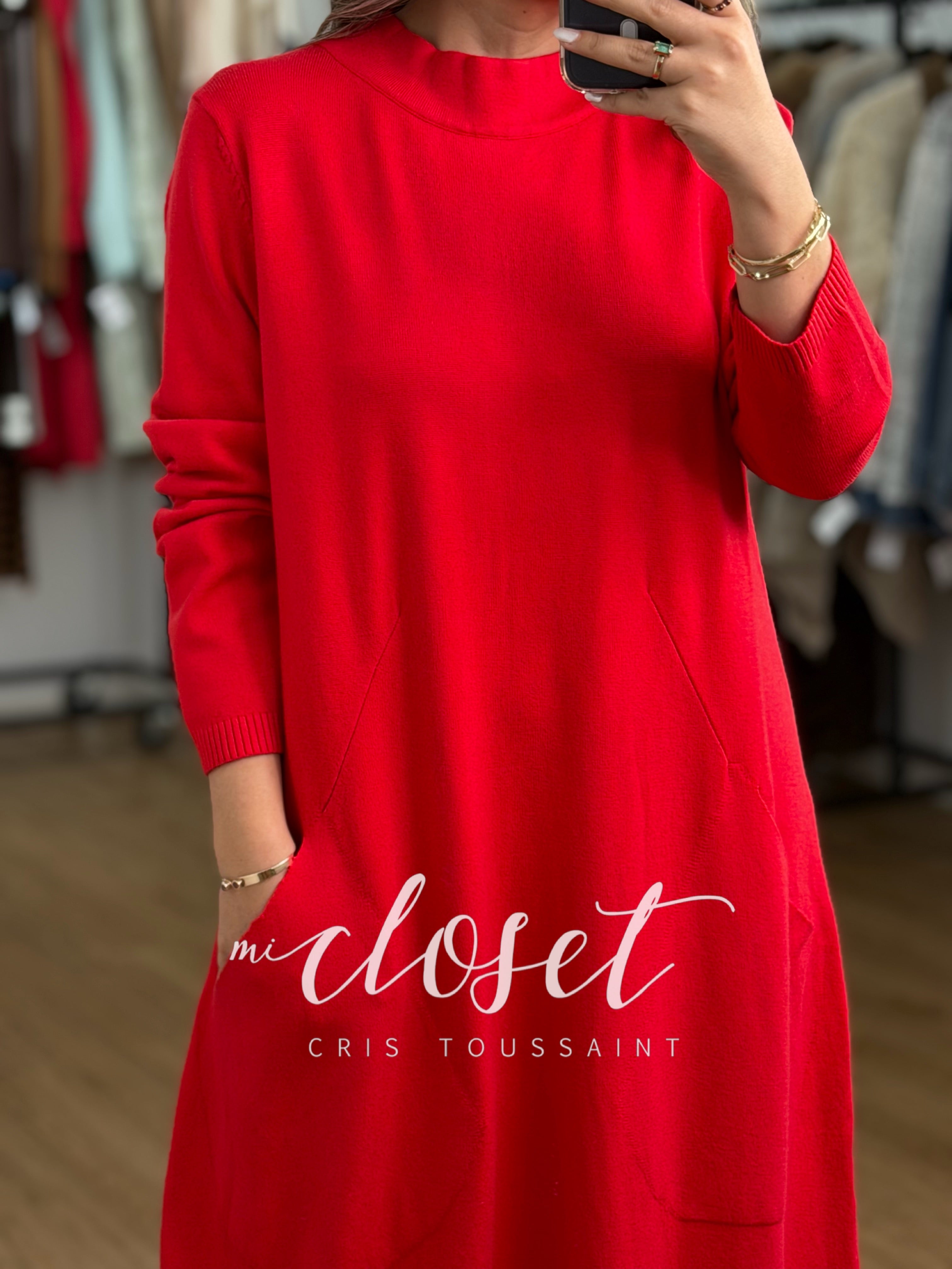 VESTIDO TIPO SWEATER, LARGO CON BOLSAS GRANDES Y CINTURÓN