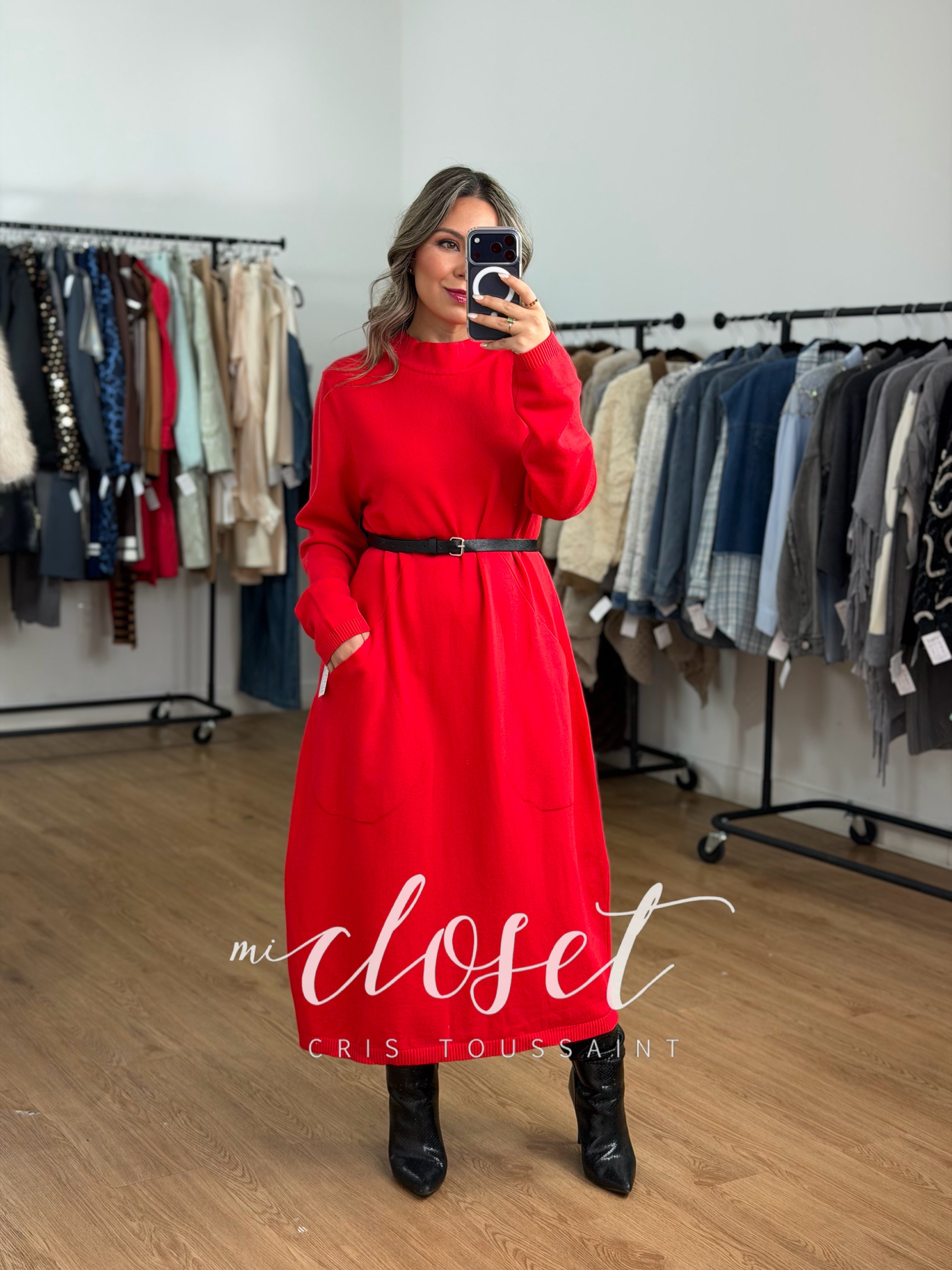 VESTIDO TIPO SWEATER, LARGO CON BOLSAS GRANDES Y CINTURÓN