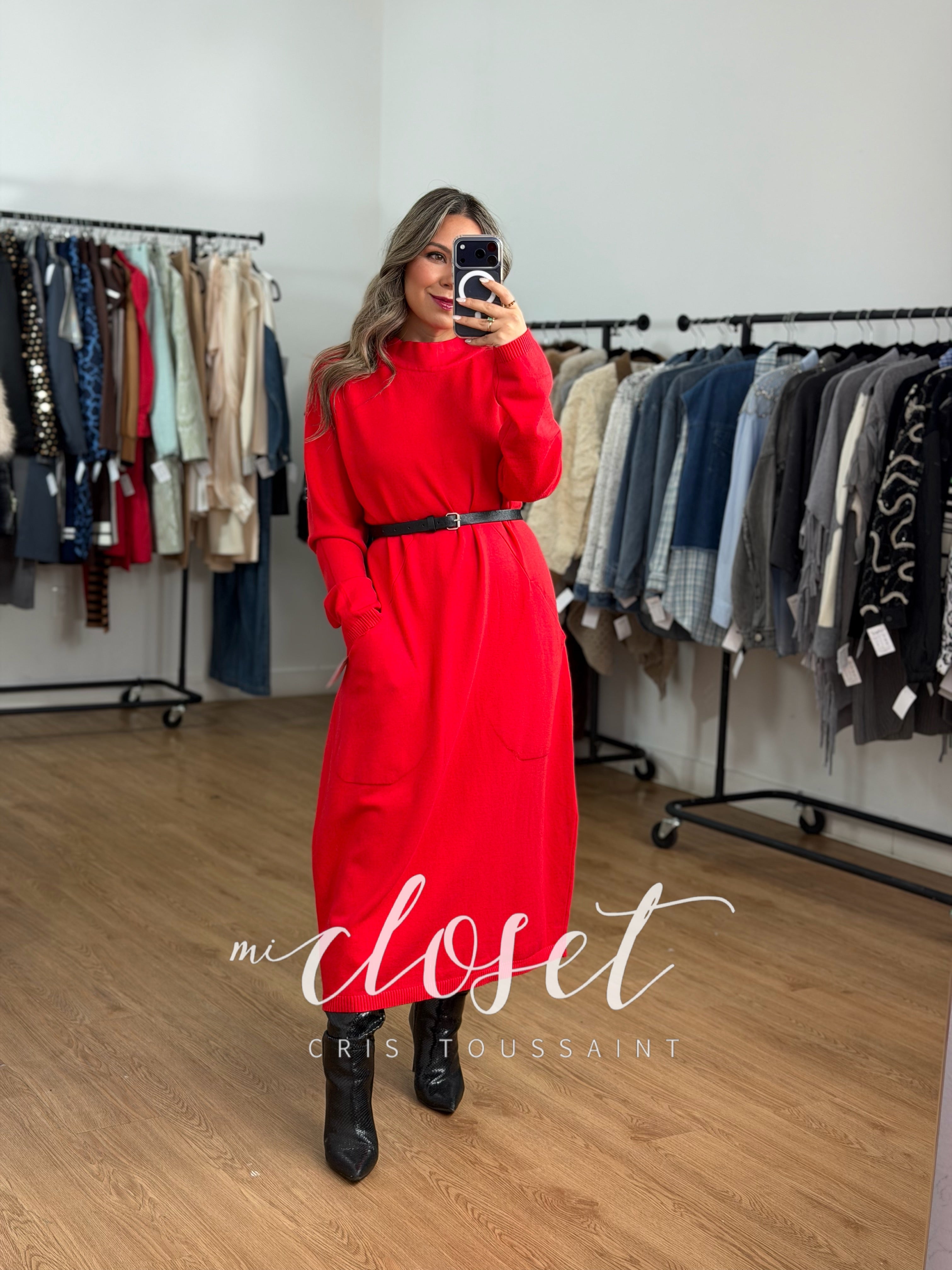 VESTIDO TIPO SWEATER, LARGO CON BOLSAS GRANDES Y CINTURÓN