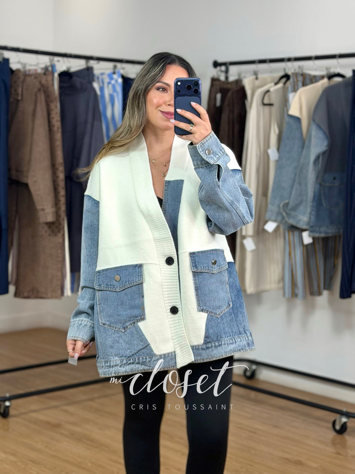 CHAMARRA OVERSIZED DOBLE TEXTURA CON TELA TIPO SWEATER Y MEZCLILLA