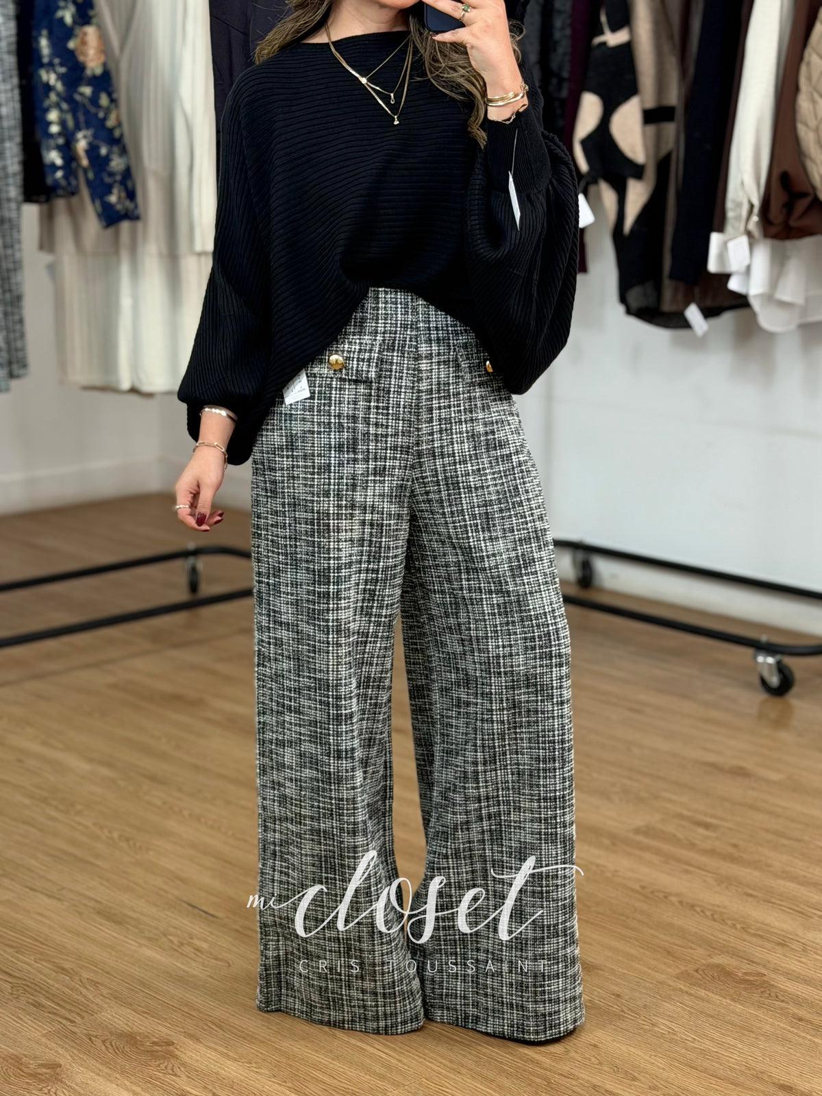 PANTALÓN SÚPER STRETCH CON RESORTE EN CINTURA WIDE LEG TIPO TWEED