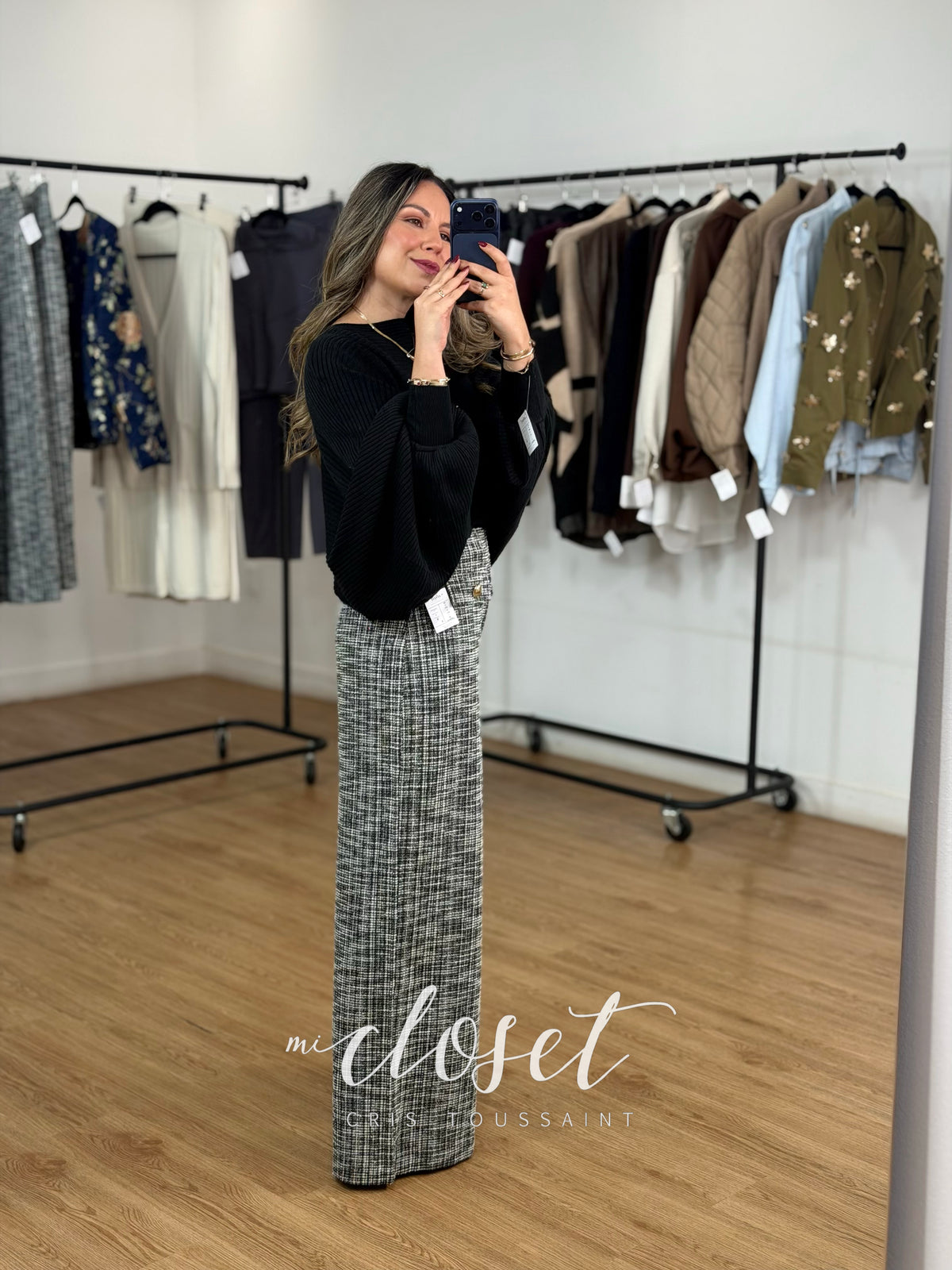 PANTALÓN SÚPER STRETCH CON RESORTE EN CINTURA WIDE LEG TIPO TWEED