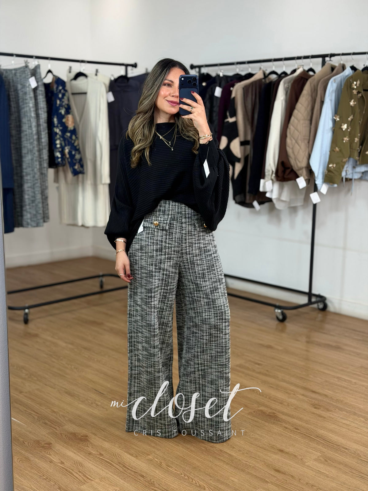 PANTALÓN SÚPER STRETCH CON RESORTE EN CINTURA WIDE LEG TIPO TWEED