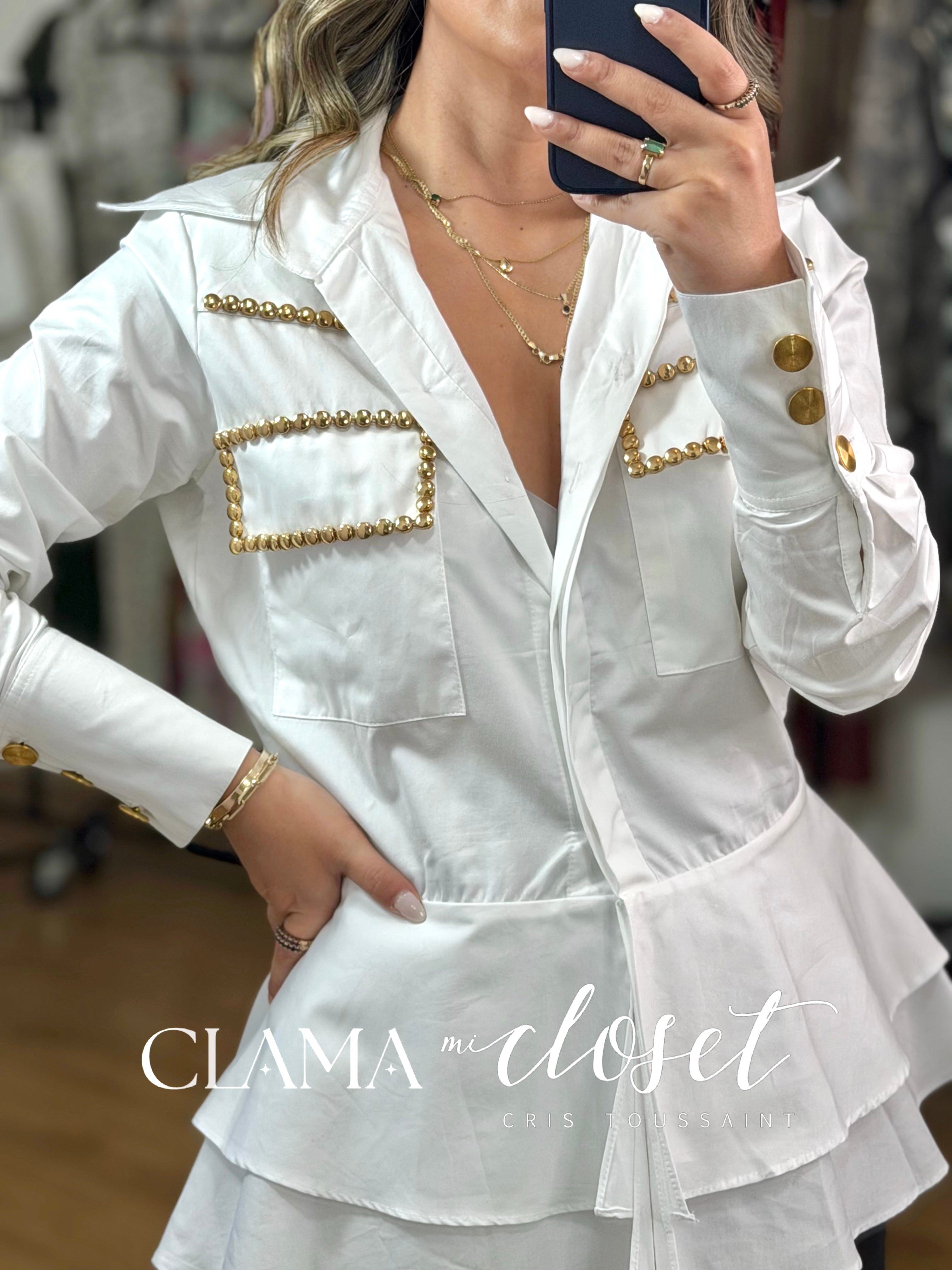 CAMISA DE ALGODÓN CORTE PEPLUM CON ESTOPEROLES Y BOTÓN DORADO CLAMA