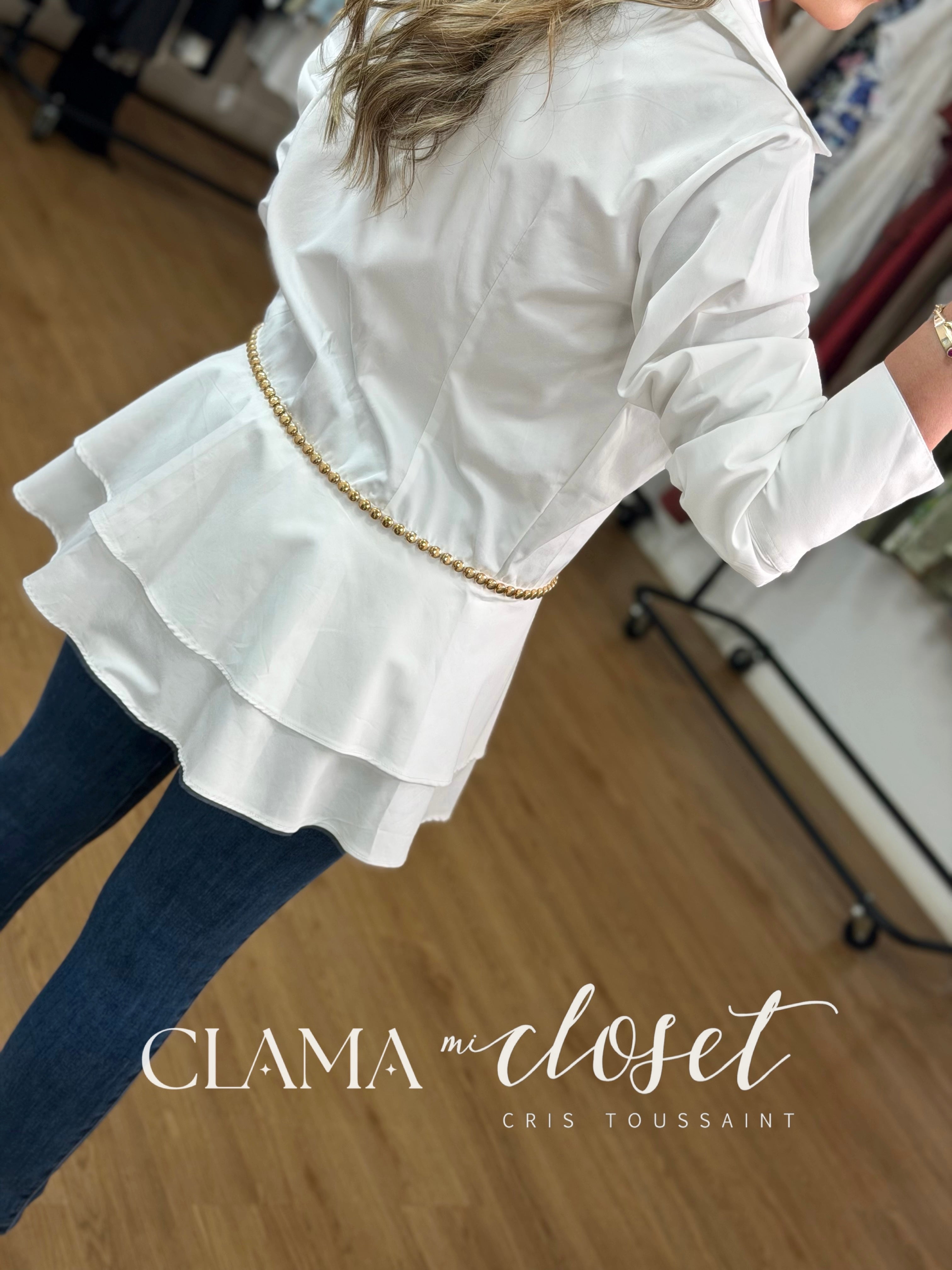 CAMISA DE ALGODÓN CORTE PEPLUM CON ESTOPEROLES Y BOTÓN DORADO CLAMA