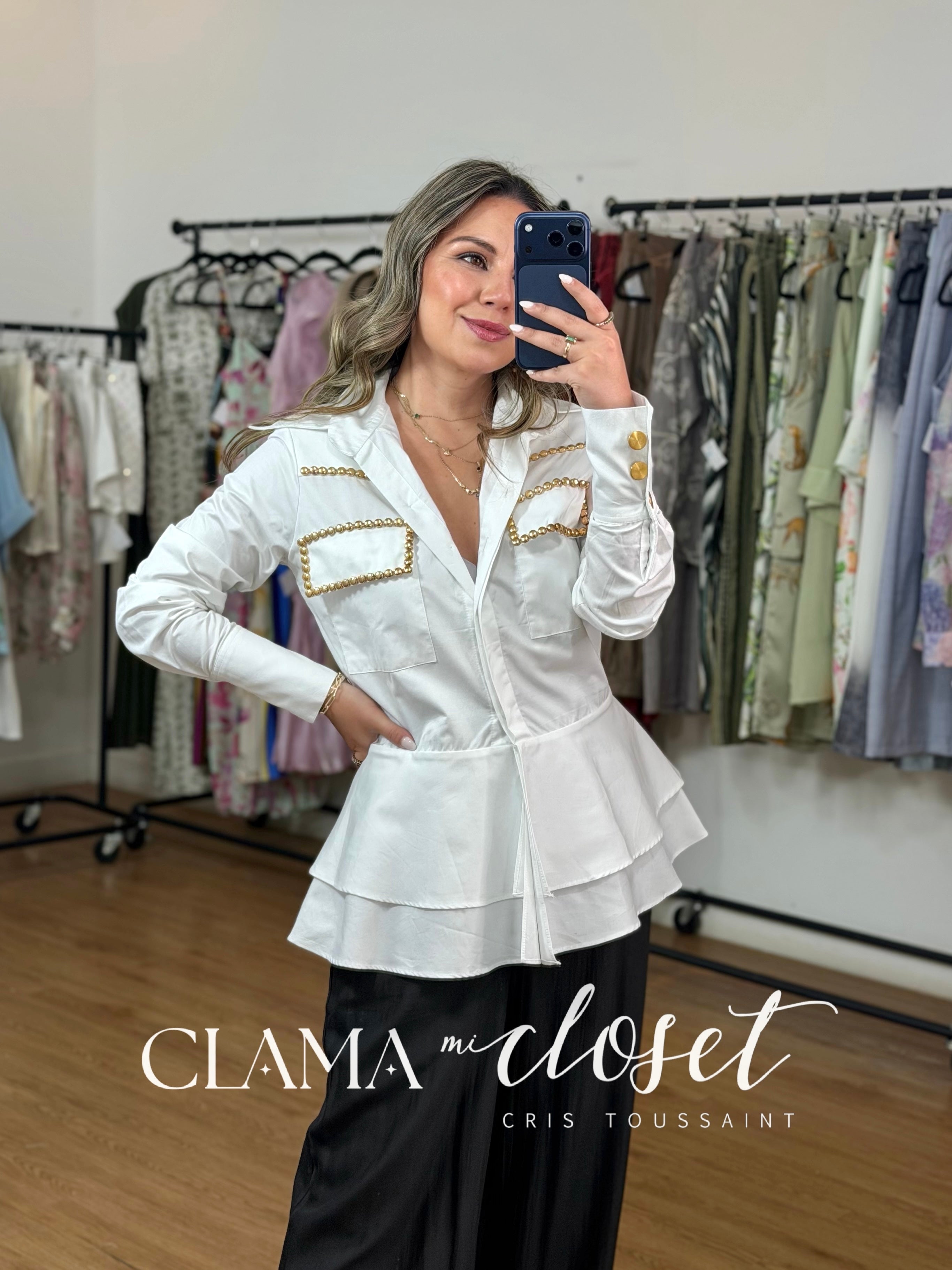 CAMISA DE ALGODÓN CORTE PEPLUM CON ESTOPEROLES Y BOTÓN DORADO CLAMA