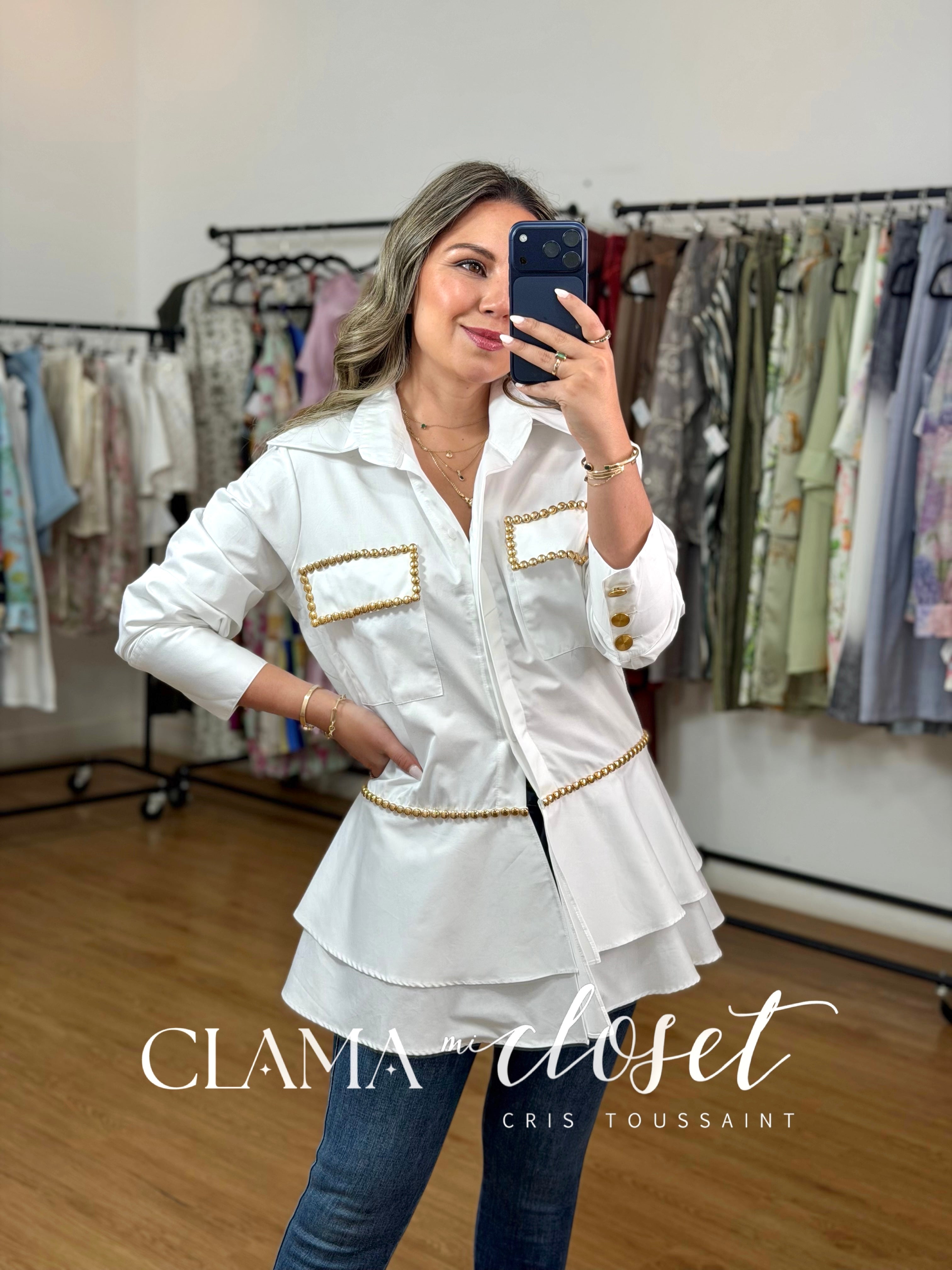 CAMISA DE ALGODÓN CORTE PEPLUM CON ESTOPEROLES Y BOTÓN DORADO CLAMA