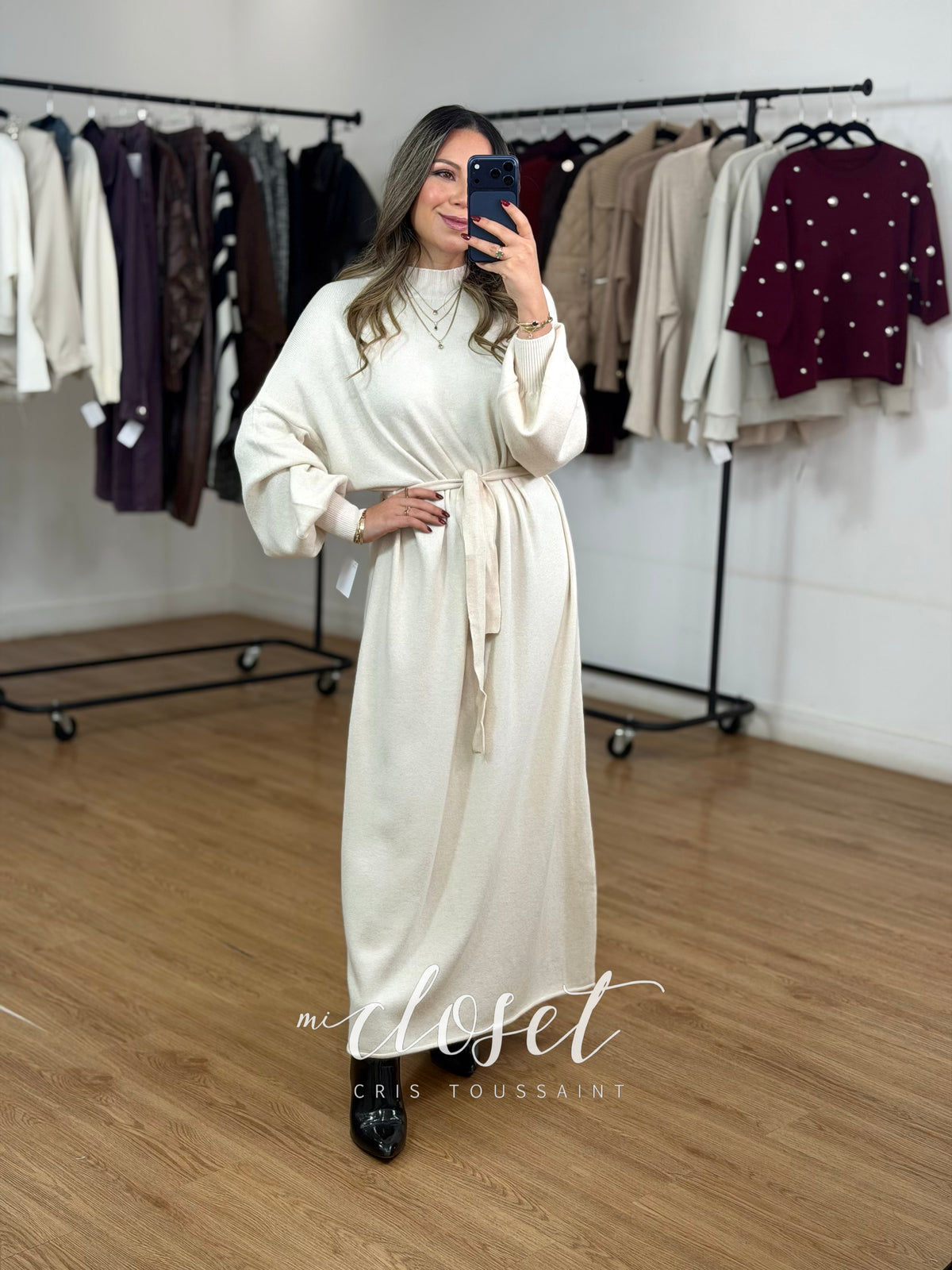 MAXI SWEATER OVERSIZED SÚPER SUAVE MANGA GLOBO 3/4 CON CINTA AJUSTABLE