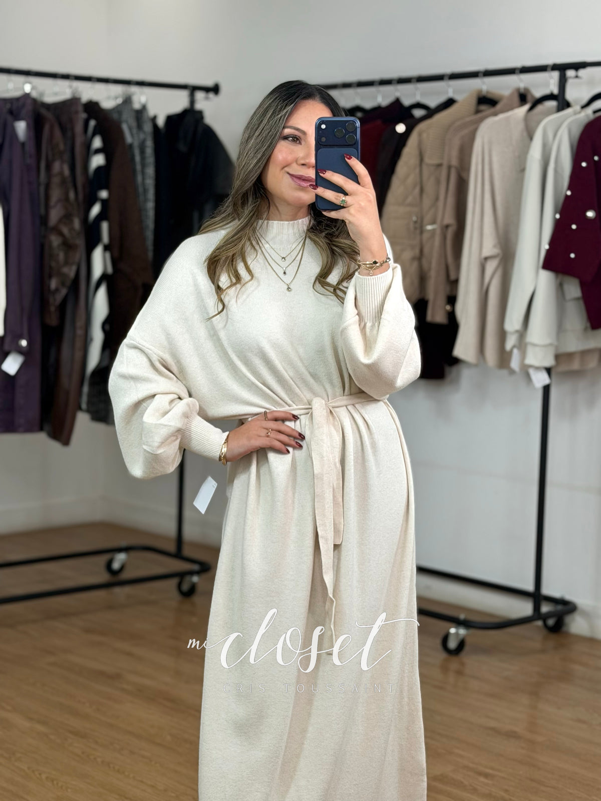 MAXI SWEATER OVERSIZED SÚPER SUAVE MANGA GLOBO 3/4 CON CINTA AJUSTABLE